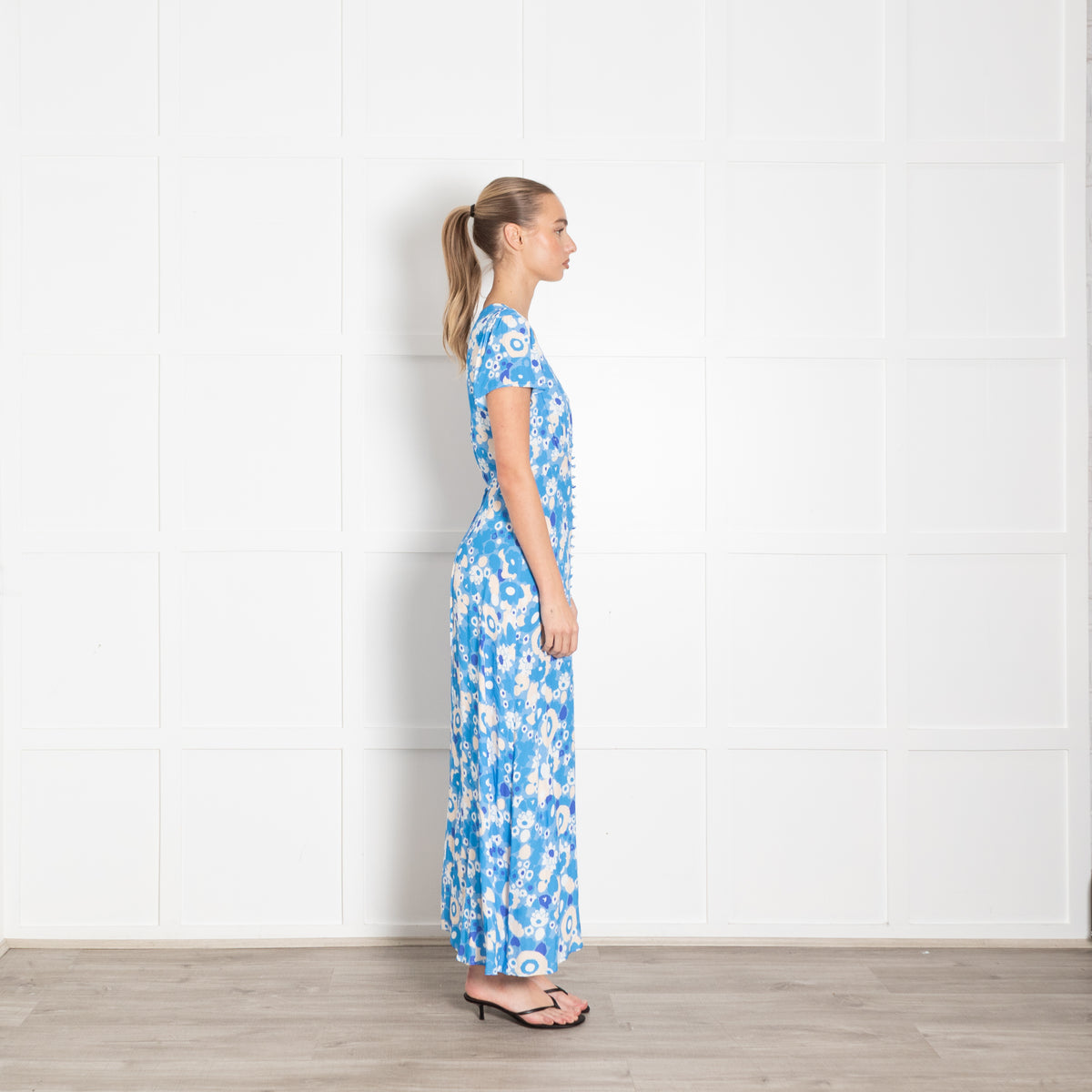 Rixo Blue Floral Aspen Button Up Tea Dress