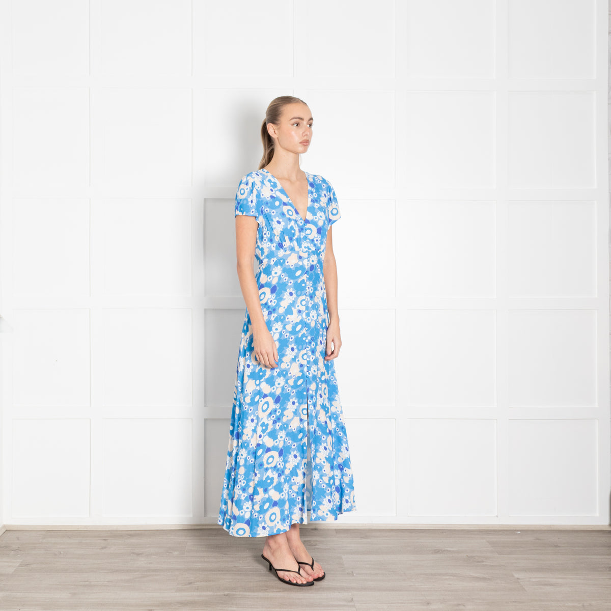 Rixo Blue Floral Aspen Button Up Tea Dress