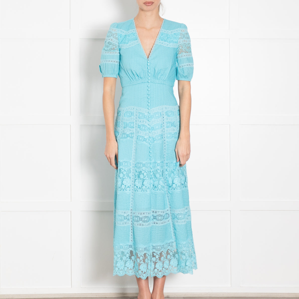 Saloni Turqouise Panelled Pintuck Midi Dress