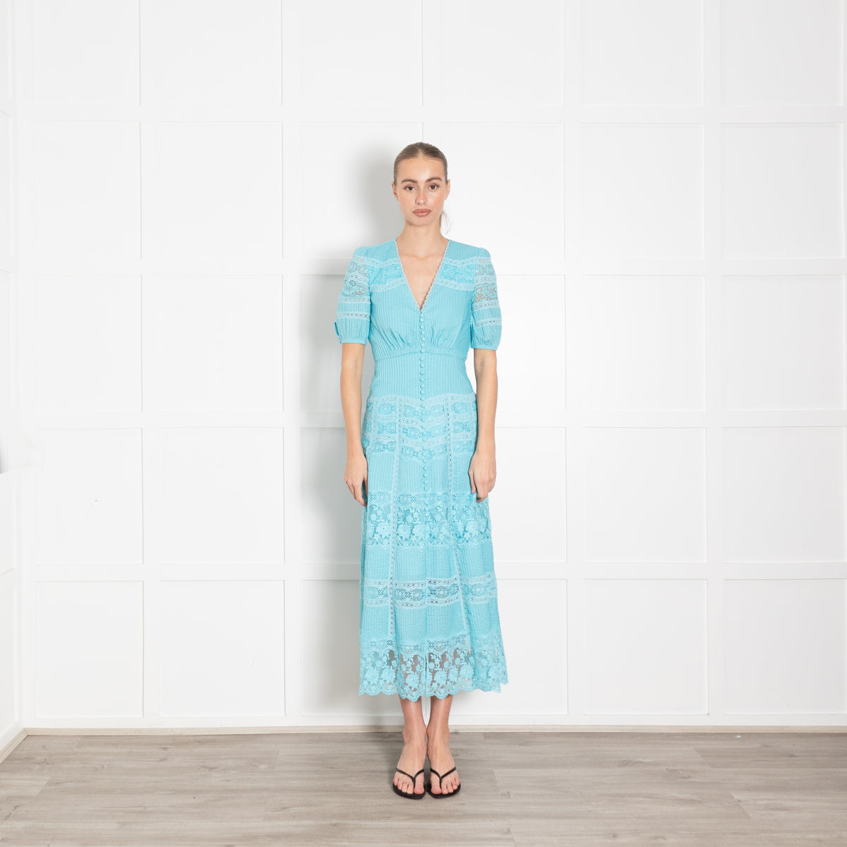 Saloni Turqouise Panelled Pintuck Midi Dress