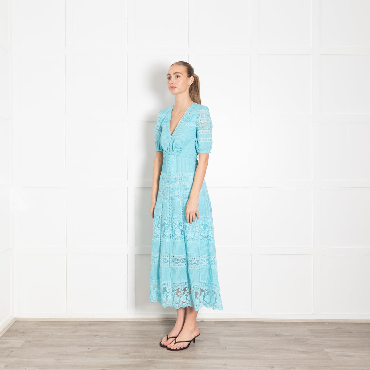 Saloni Turqouise Panelled Pintuck Midi Dress