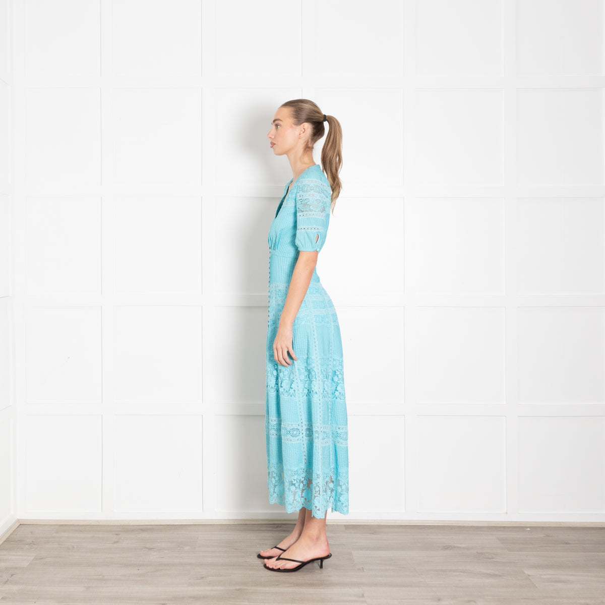 Saloni Turqouise Panelled Pintuck Midi Dress