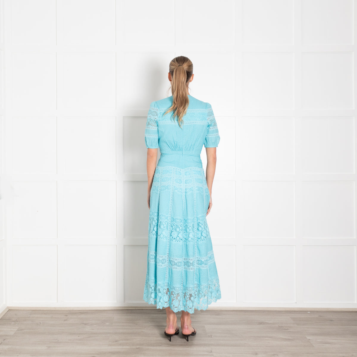Saloni Turqouise Panelled Pintuck Midi Dress