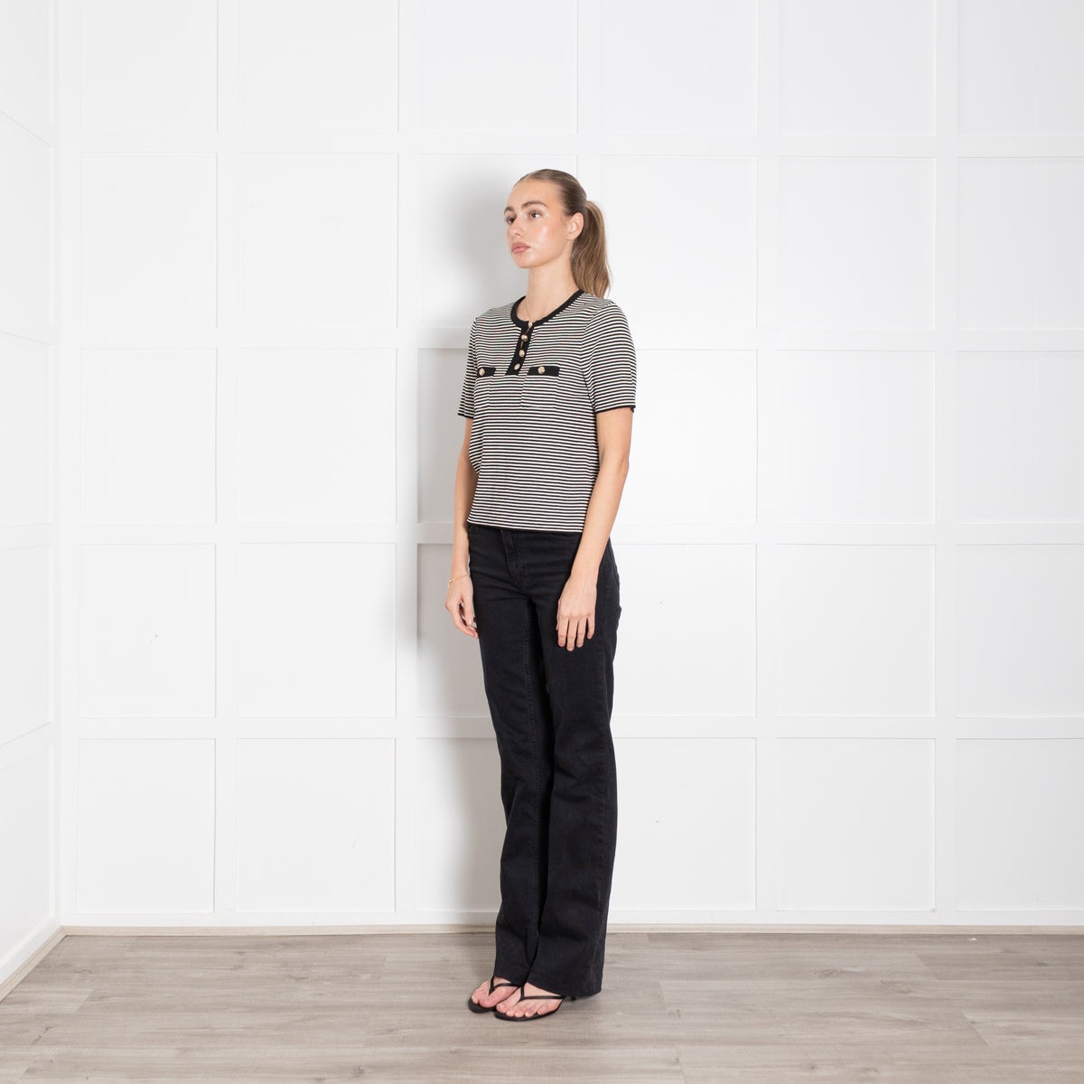 Sandro Black And Cream Stripe Short Sleeve Top With Gold Buttons