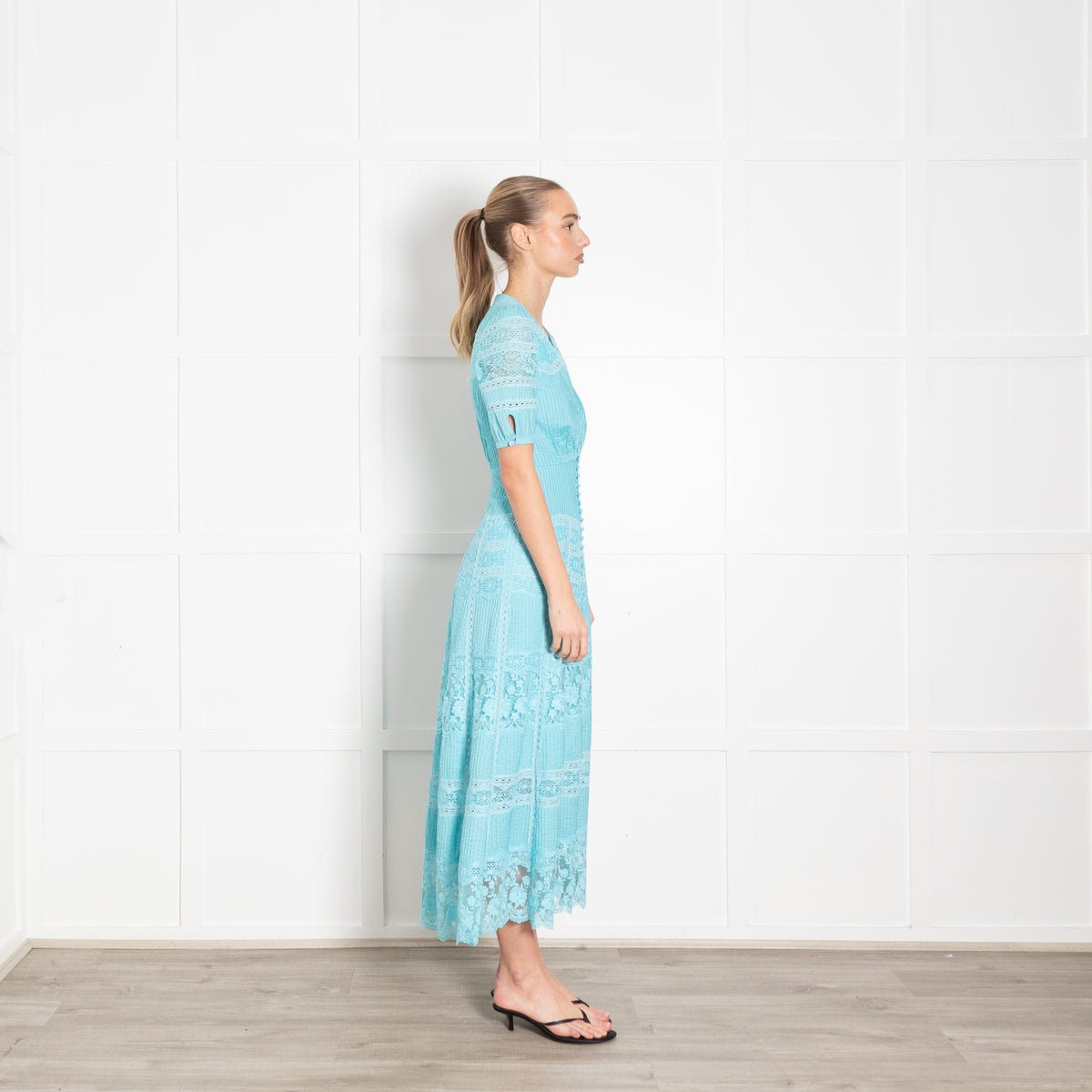 Saloni Turqouise Panelled Pintuck Midi Dress