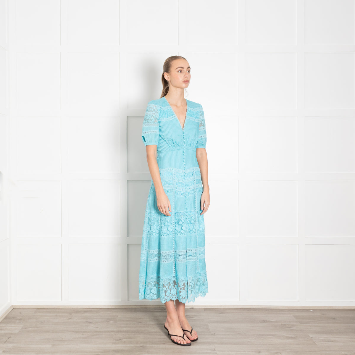 Saloni Turqouise Panelled Pintuck Midi Dress