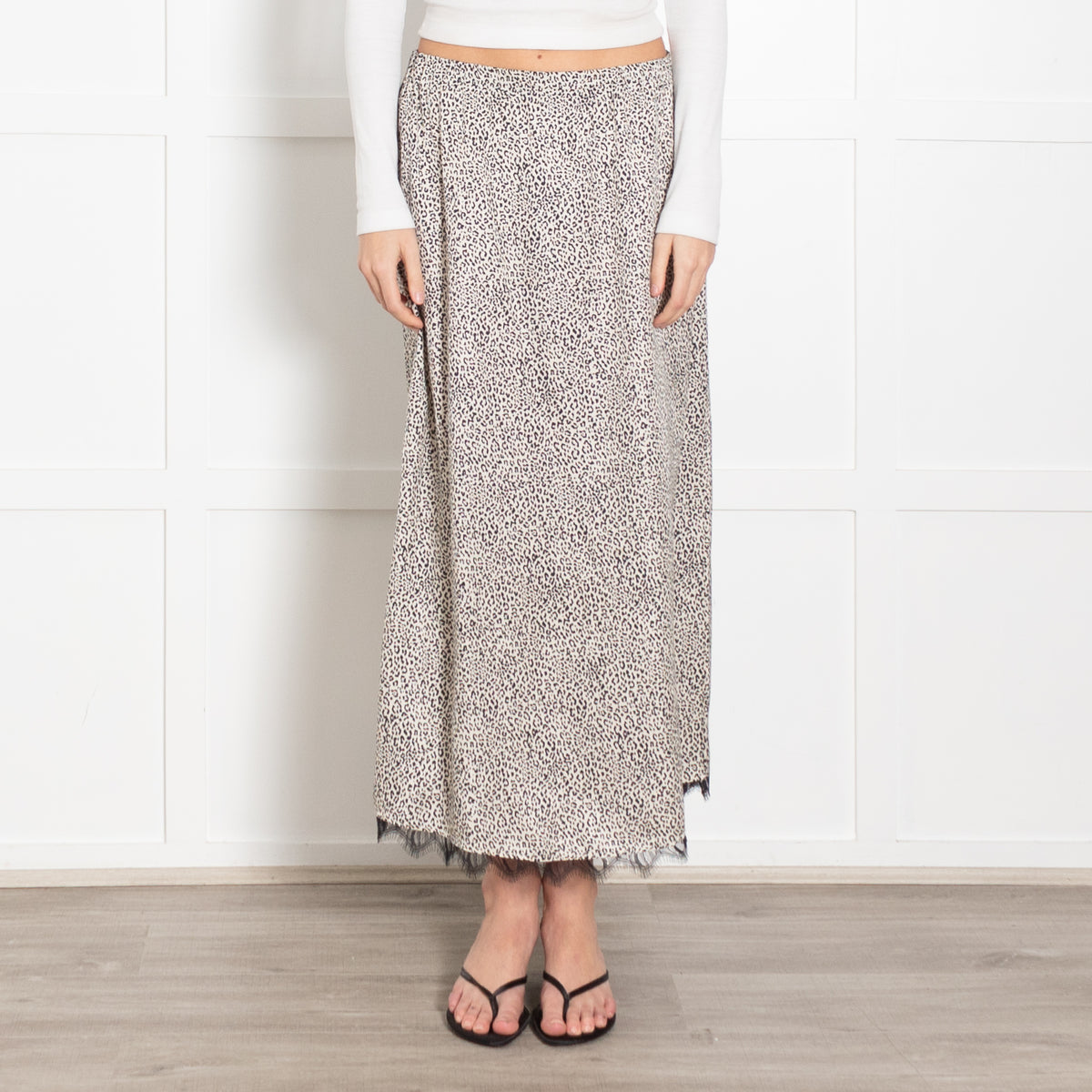 The Kooples Animal Print Skirt With Elasticated Waist, Black Lace Trim & Side Split