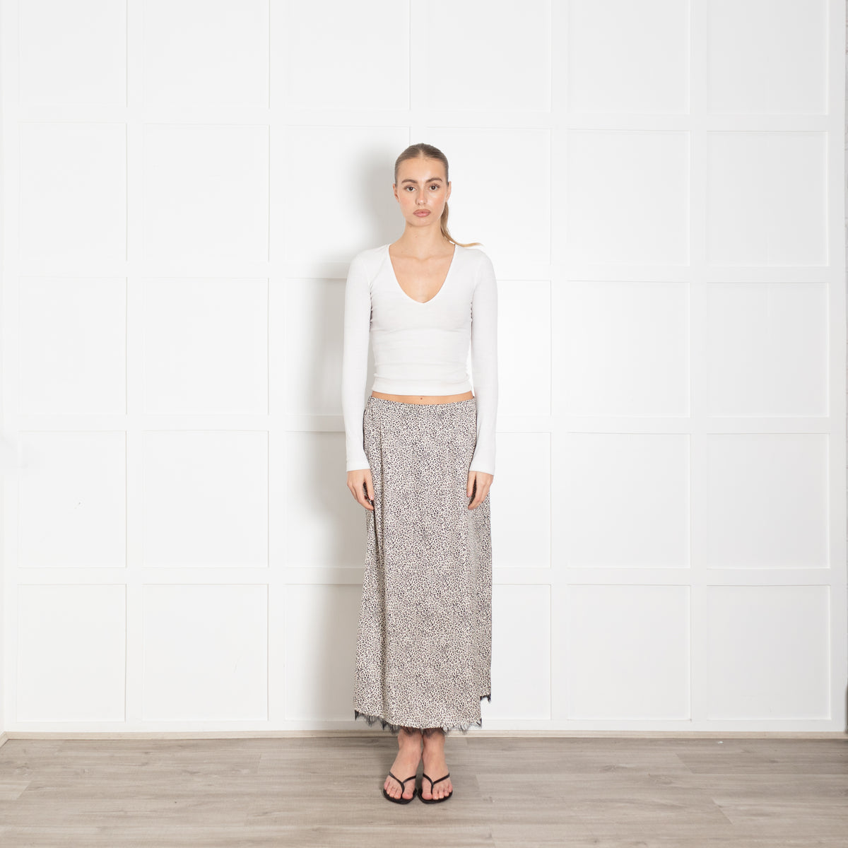 The Kooples Animal Print Skirt With Elasticated Waist, Black Lace Trim & Side Split