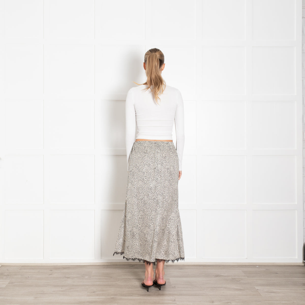 The Kooples Animal Print Skirt With Elasticated Waist, Black Lace Trim & Side Split