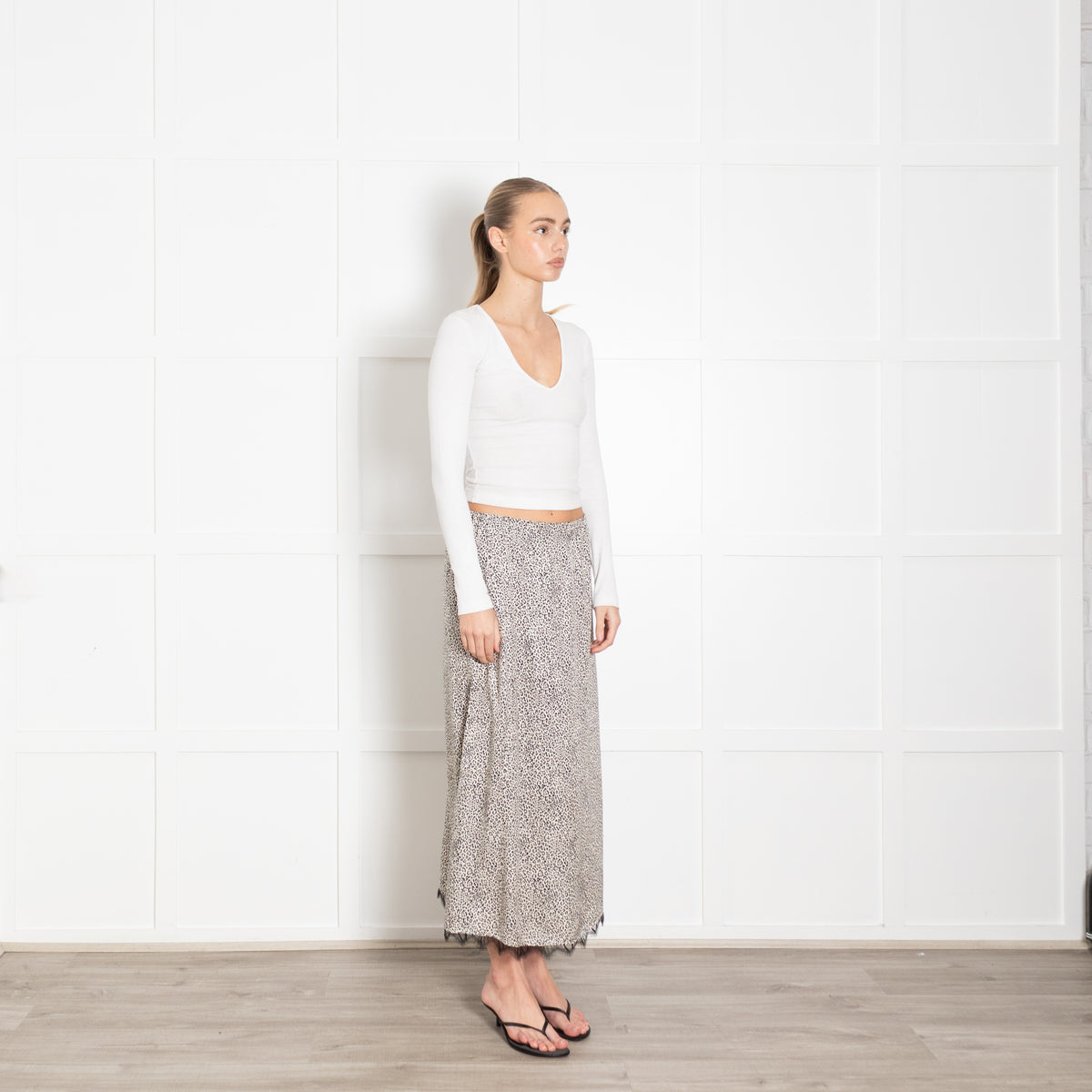 The Kooples Animal Print Skirt With Elasticated Waist, Black Lace Trim & Side Split