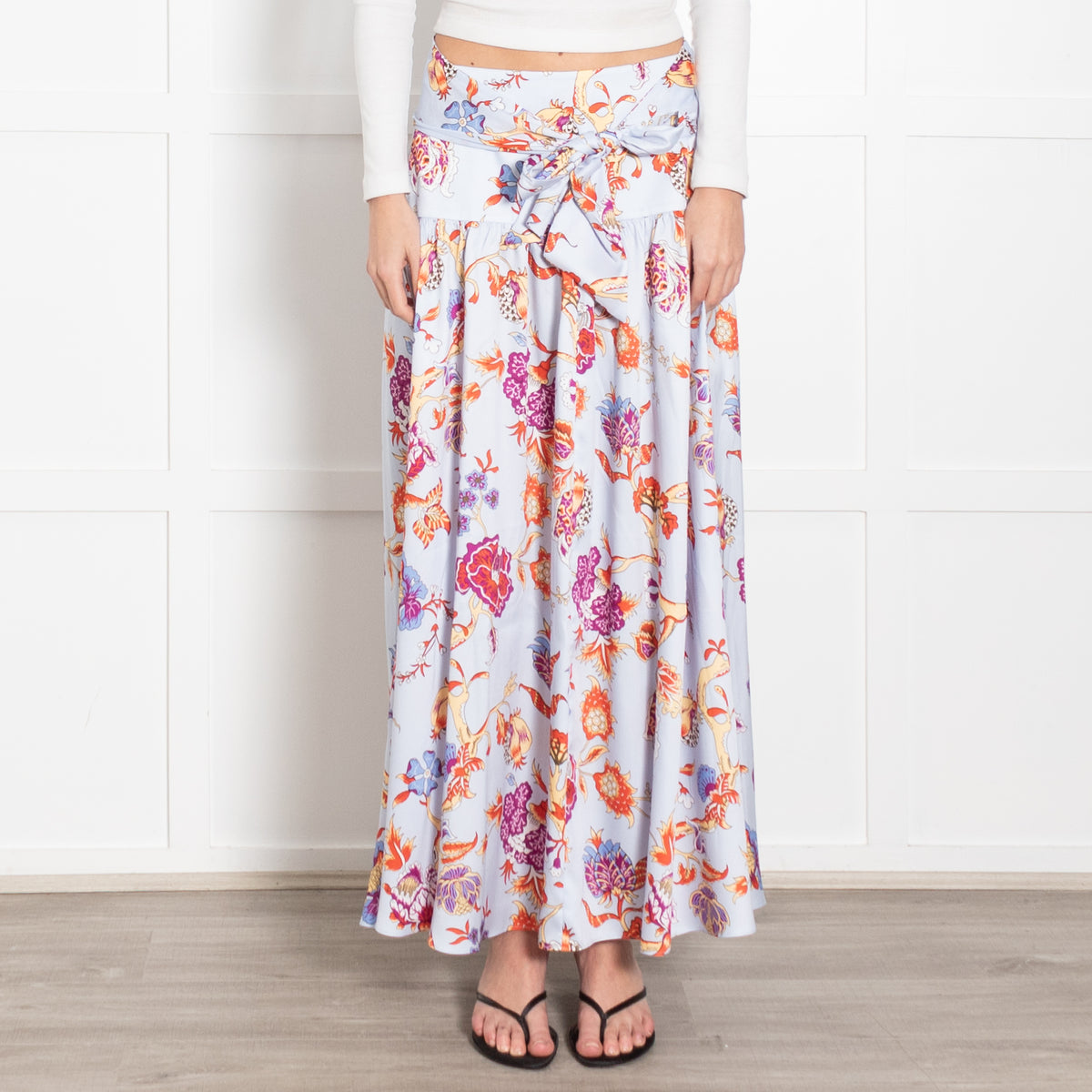 Me + Em Blue Floral Maxi Drop Waist Silk Feel Skirt