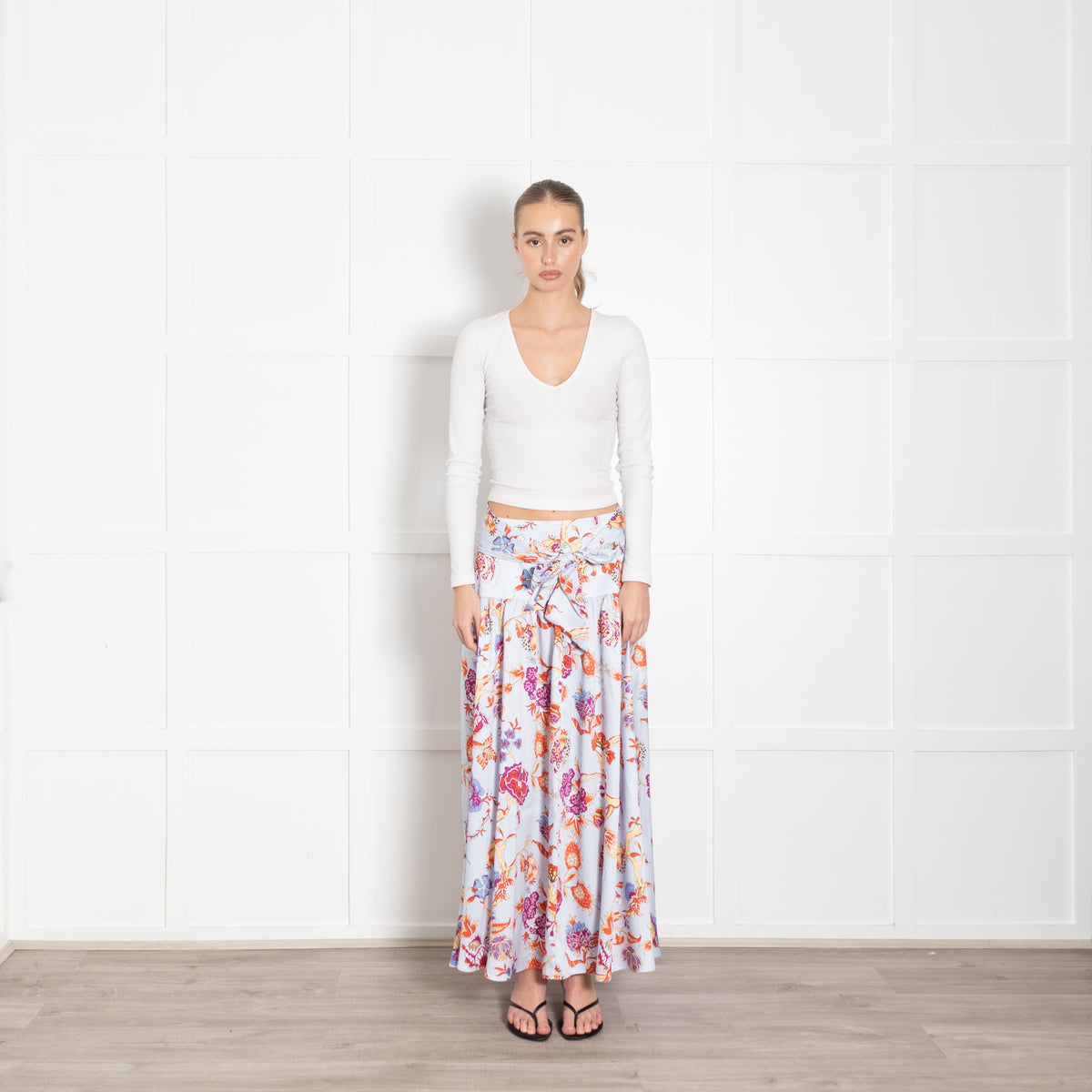 Me + Em Blue Floral Maxi Drop Waist Silk Feel Skirt