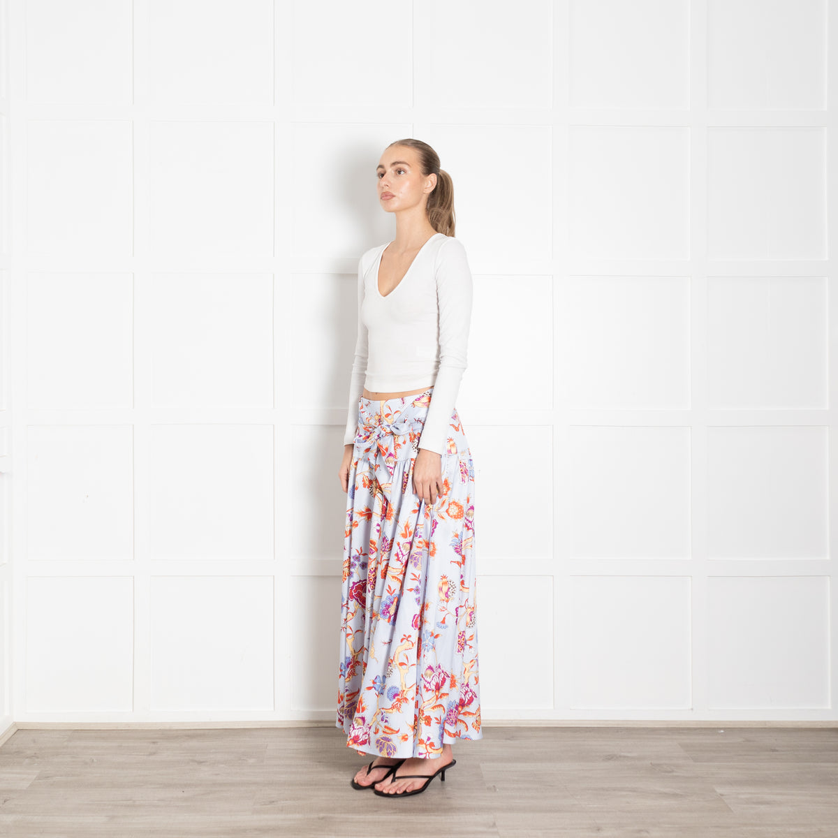 Me + Em Blue Floral Maxi Drop Waist Silk Feel Skirt