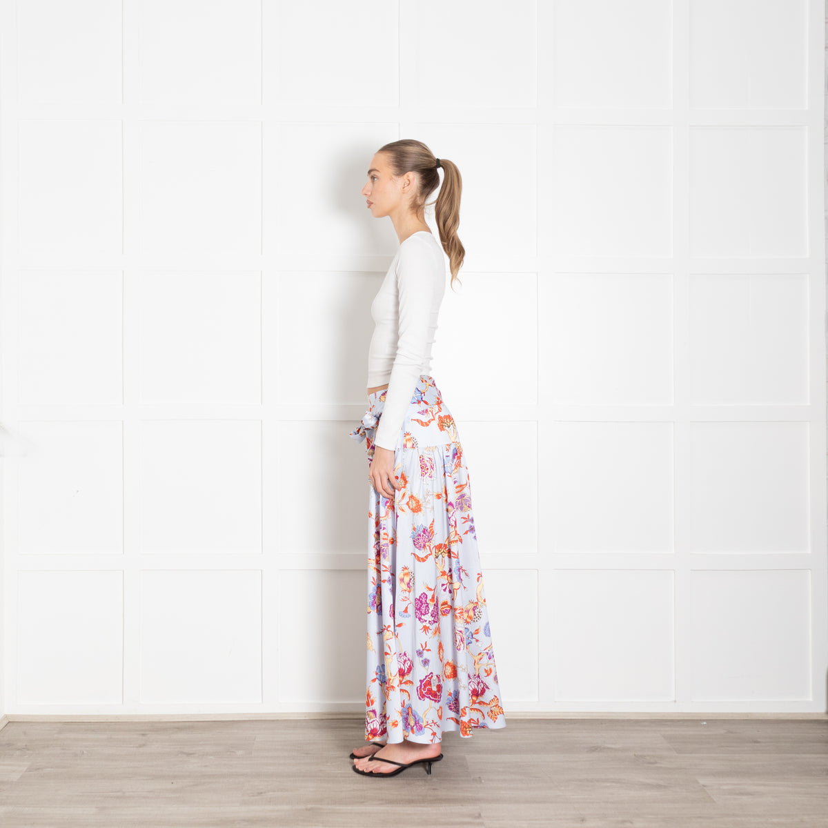 Me + Em Blue Floral Maxi Drop Waist Silk Feel Skirt
