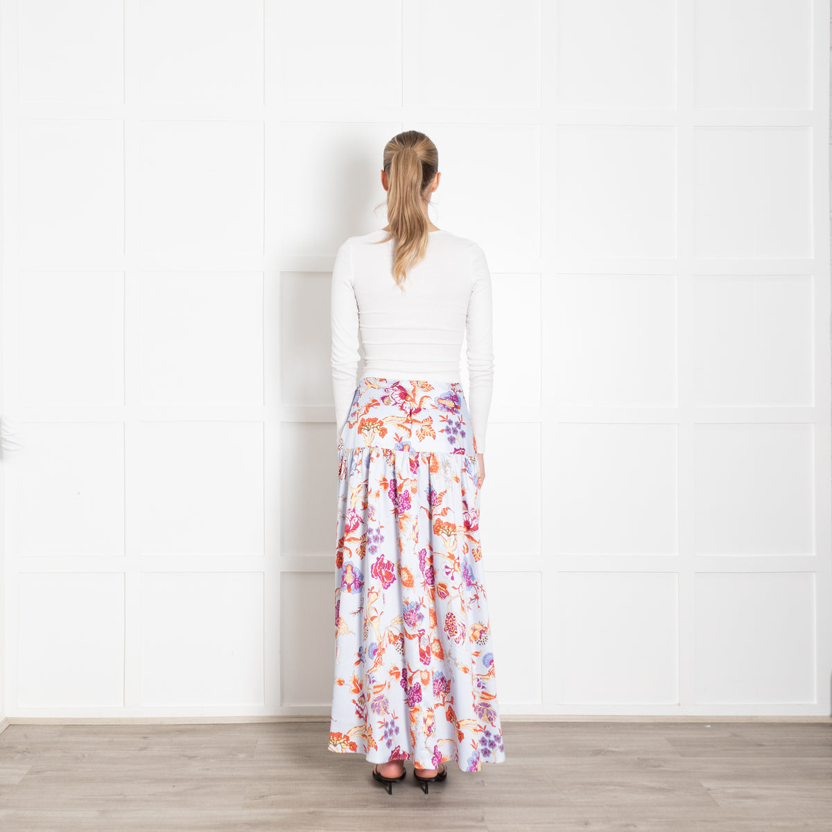 Me + Em Blue Floral Maxi Drop Waist Silk Feel Skirt