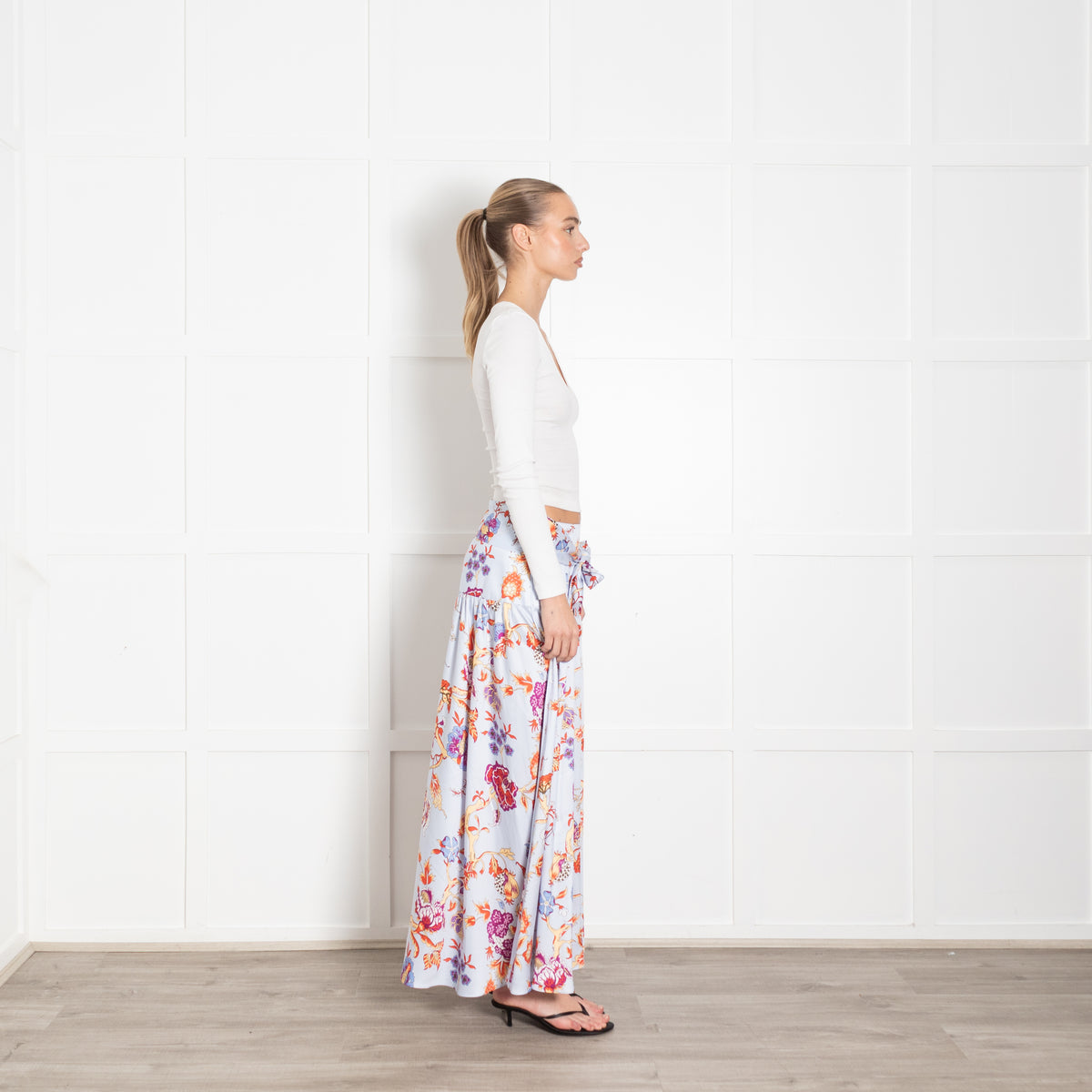 Me + Em Blue Floral Maxi Drop Waist Silk Feel Skirt