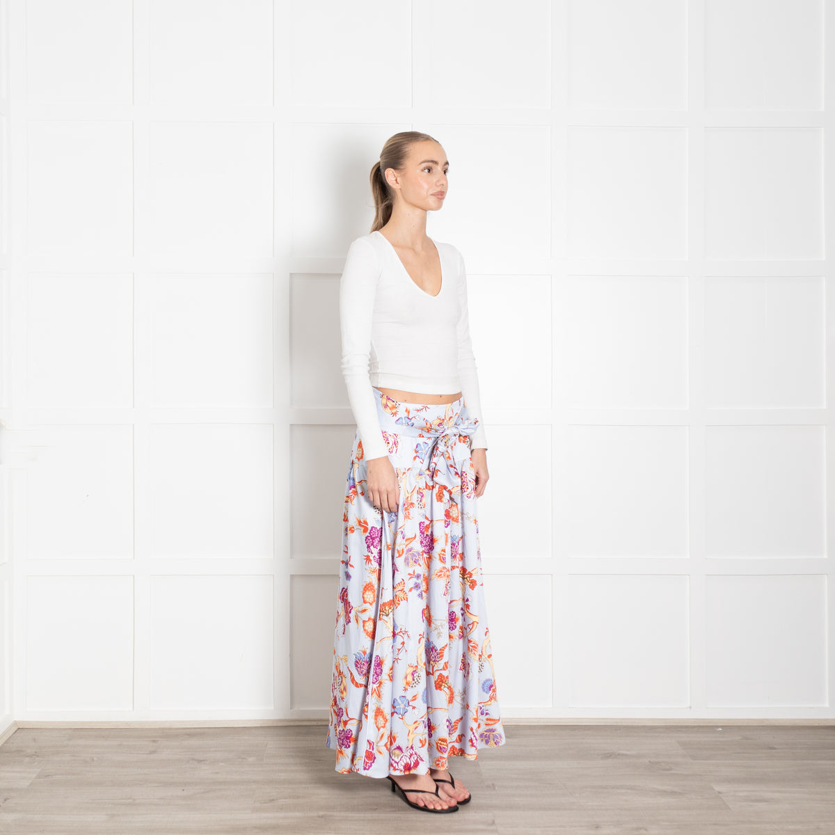 Me + Em Blue Floral Maxi Drop Waist Silk Feel Skirt