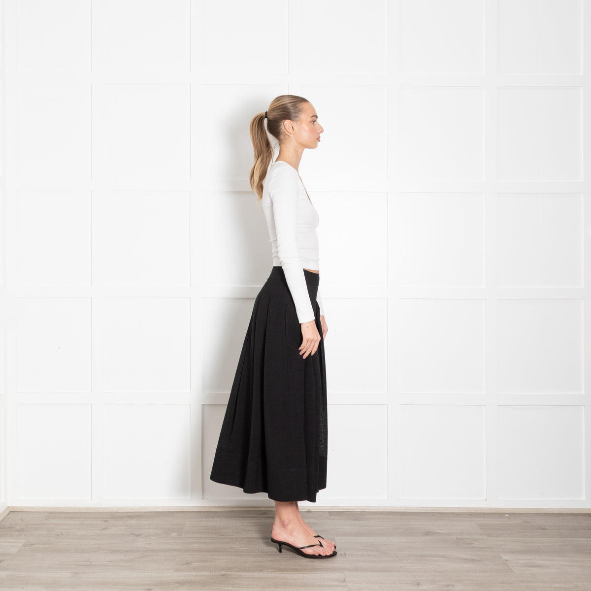 Cefinn Black Crepe Midi Skirt with Pleat Waist
