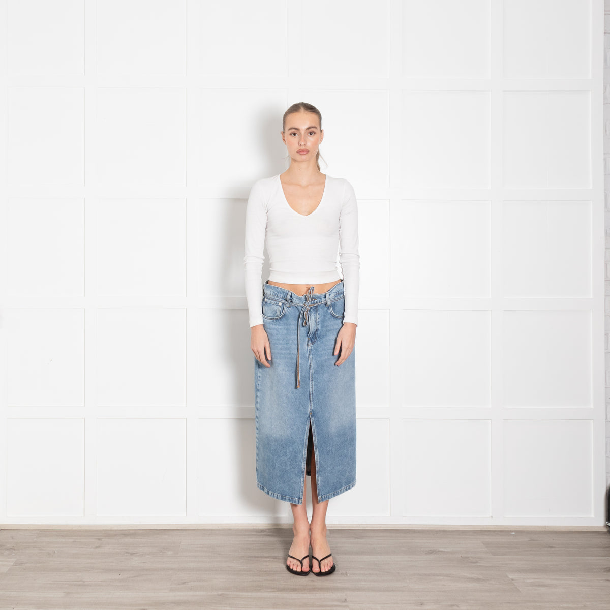 Day Birger et Mikkelson Pale Denim Skirt With Tie Belt