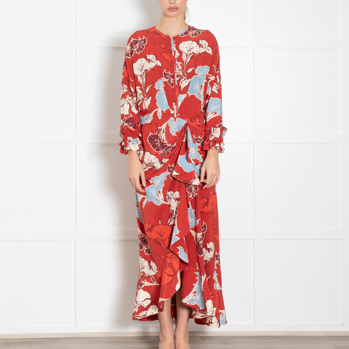 Johanna Ortiz Red Cream Blue Floral Ruffle Detail Silk Dress