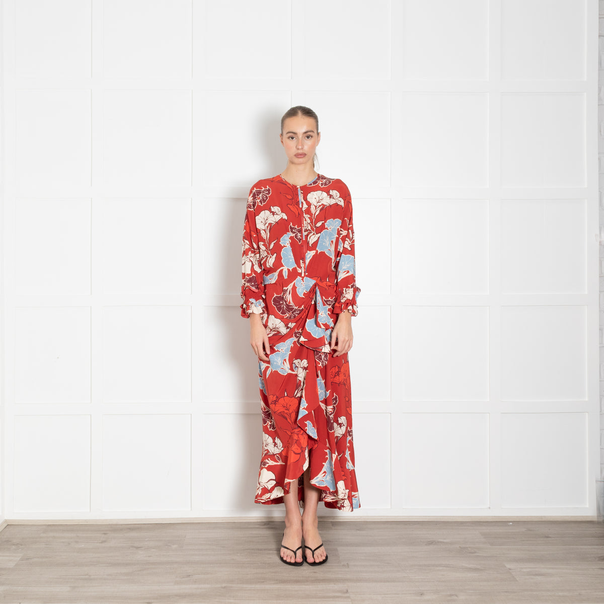 Johanna Ortiz Red Cream Blue Floral Ruffle Detail Silk Dress