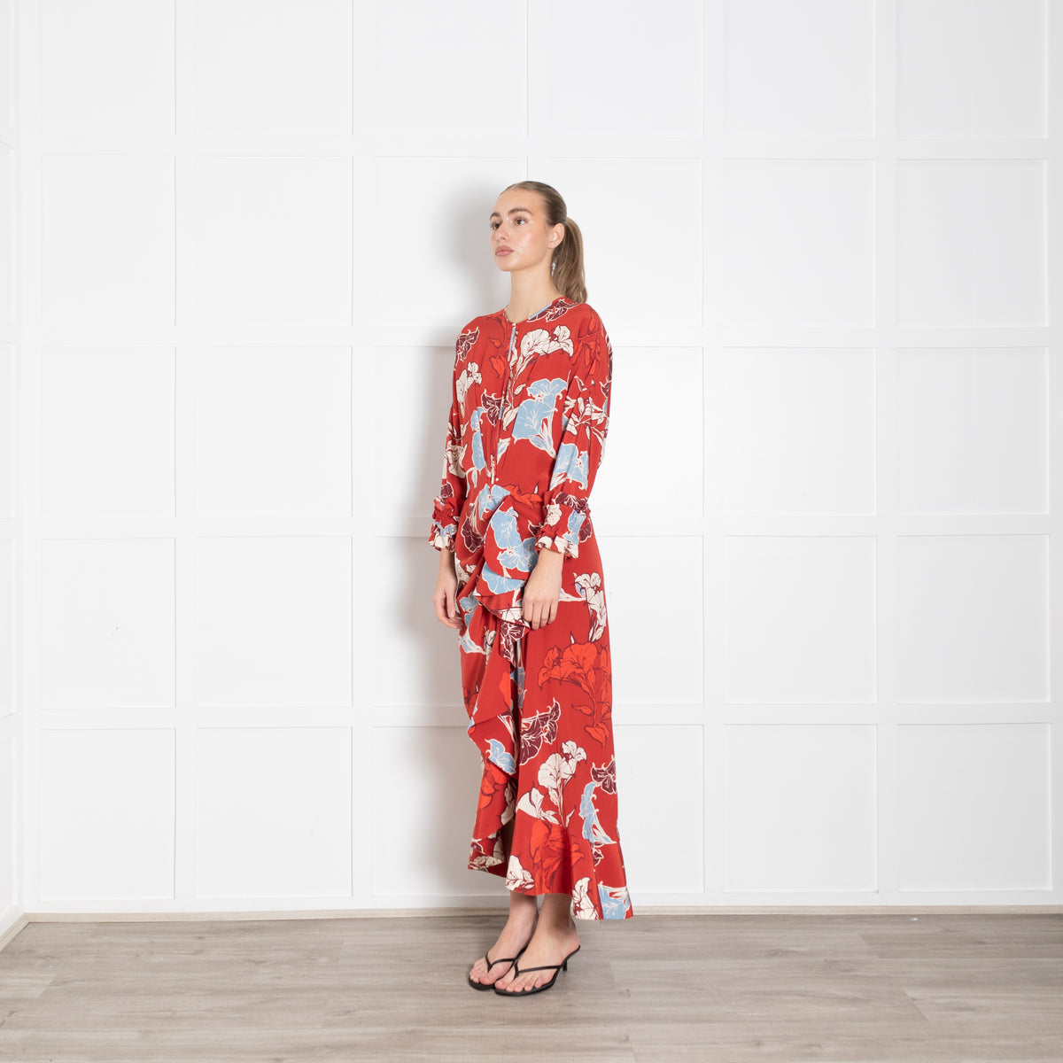 Johanna Ortiz Red Cream Blue Floral Ruffle Detail Silk Dress