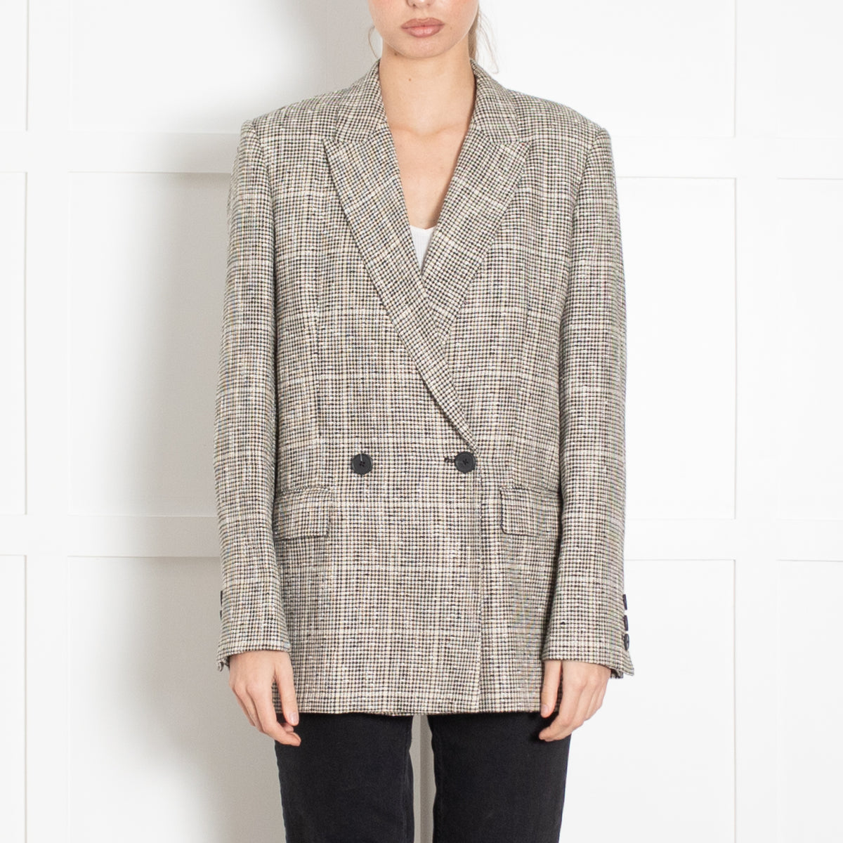 Second Female Black And Cream Check Long Blazer