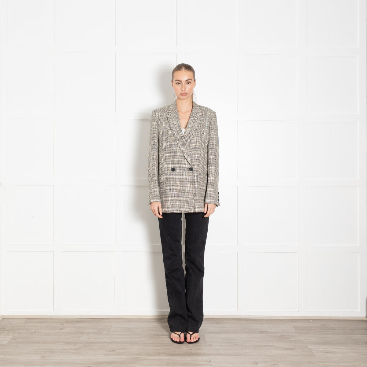 Second Female Black And Cream Check Long Blazer