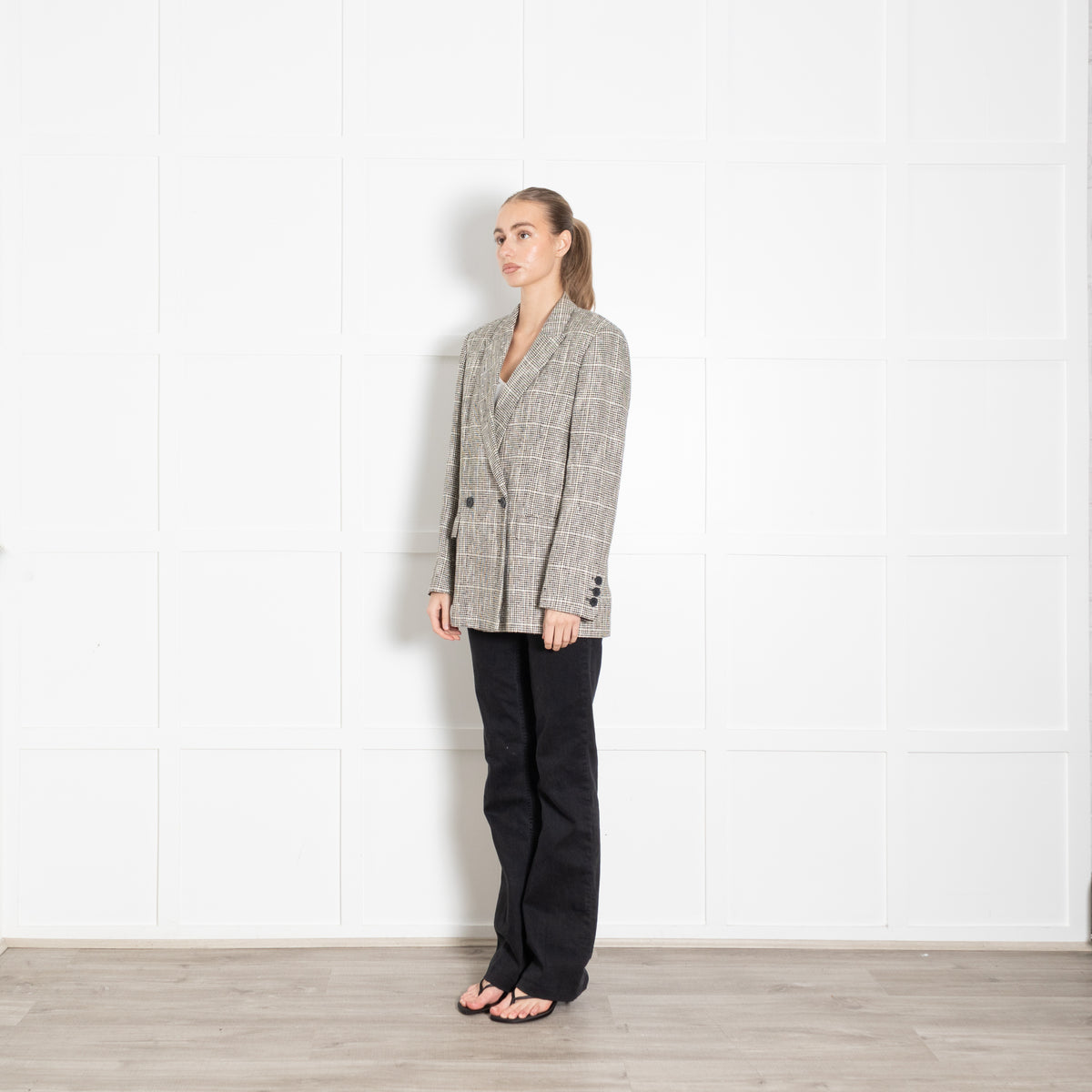 Second Female Black And Cream Check Long Blazer