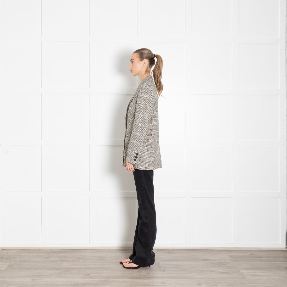 Second Female Black And Cream Check Long Blazer