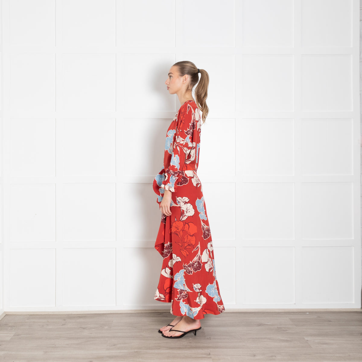 Johanna Ortiz Red Cream Blue Floral Ruffle Detail Silk Dress