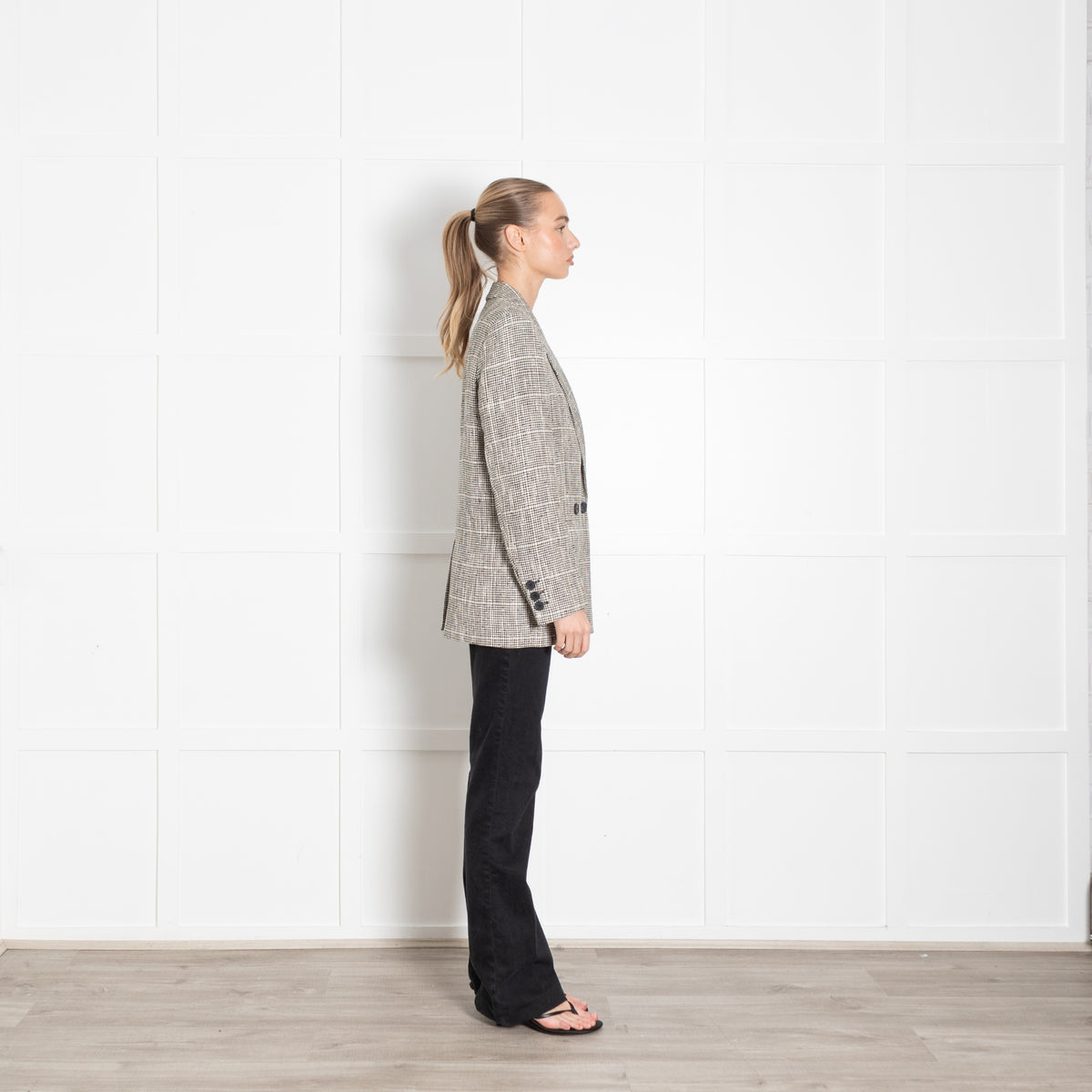 Second Female Black And Cream Check Long Blazer