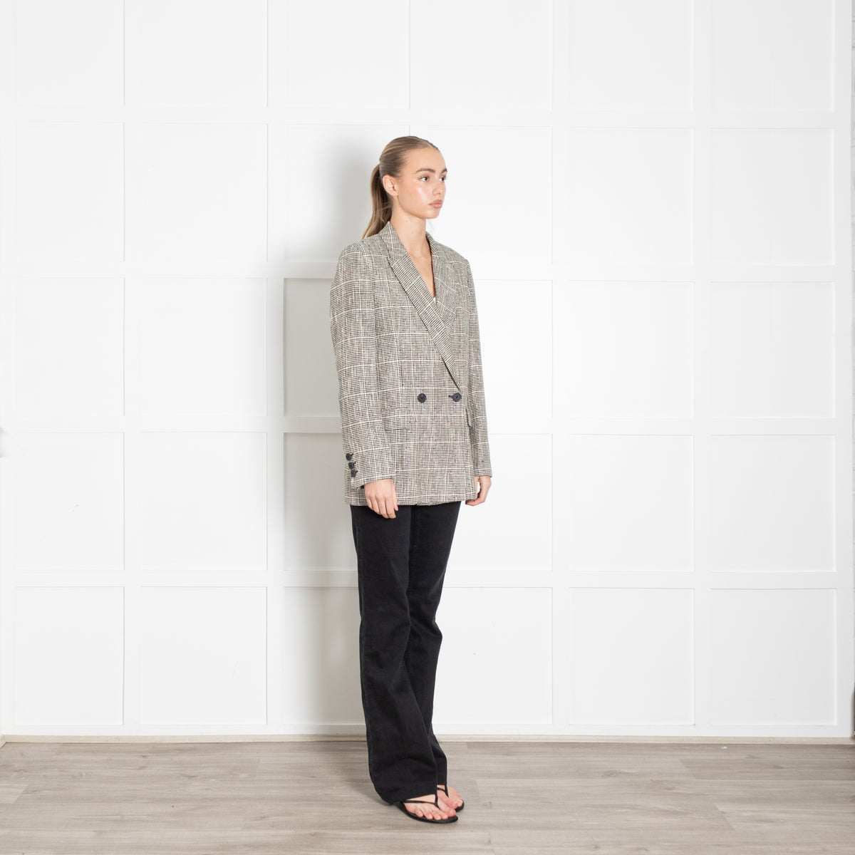 Second Female Black And Cream Check Long Blazer