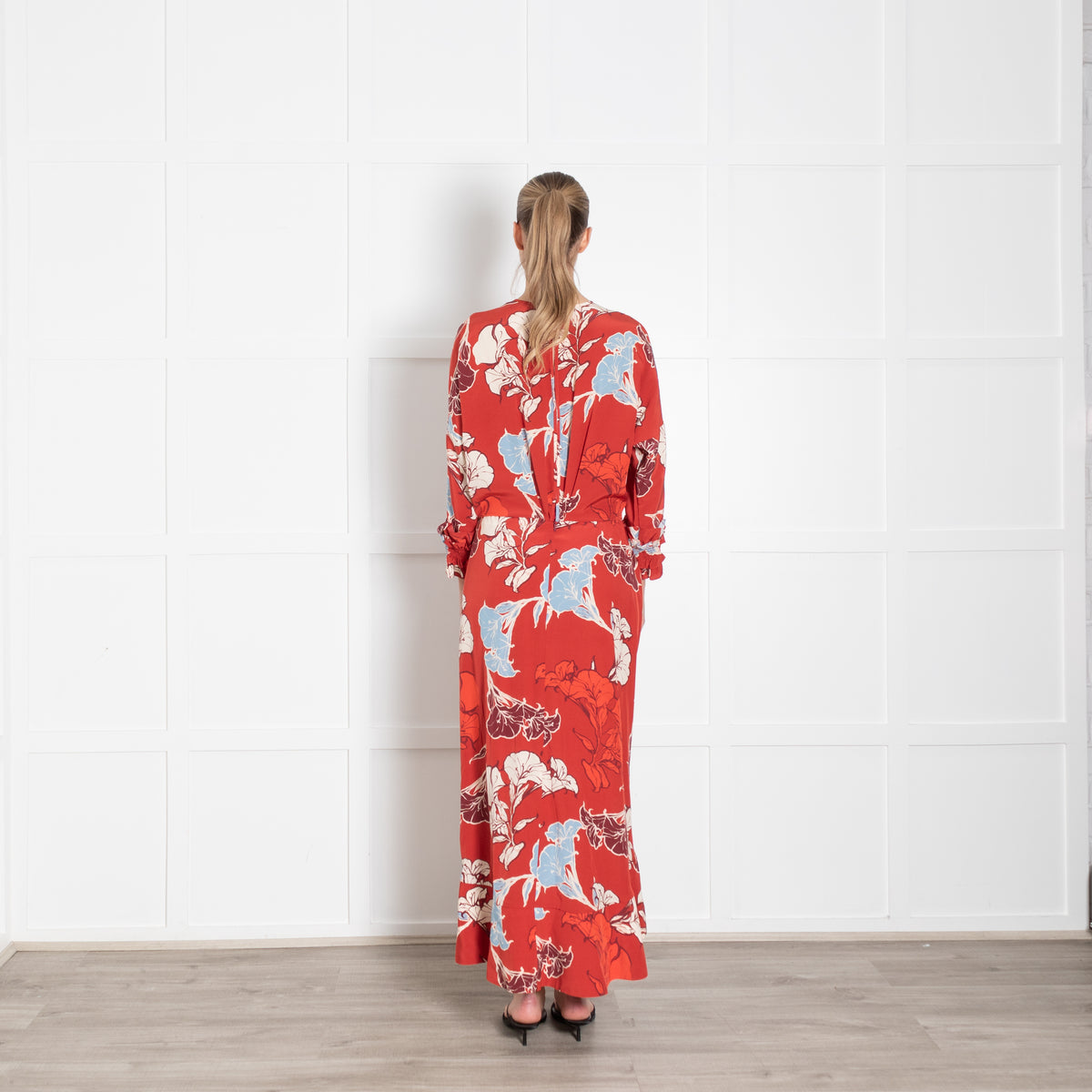 Johanna Ortiz Red Cream Blue Floral Ruffle Detail Silk Dress