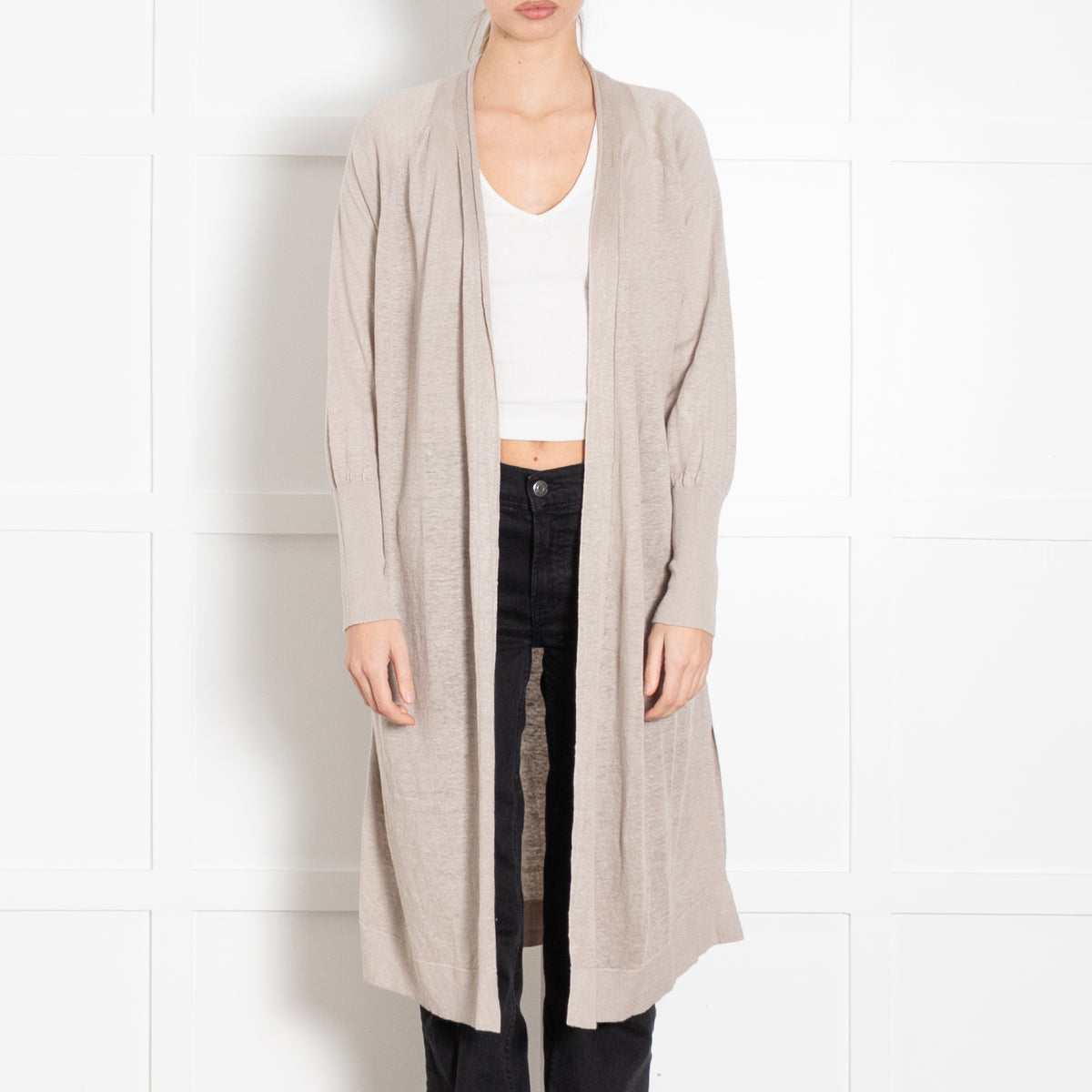 Kinross Beige Linen Fine Knit Long Cardigan