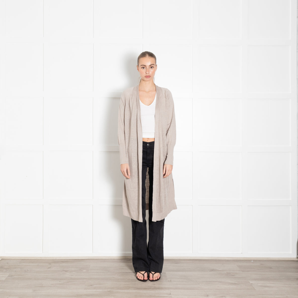 Kinross Beige Linen Fine Knit Long Cardigan