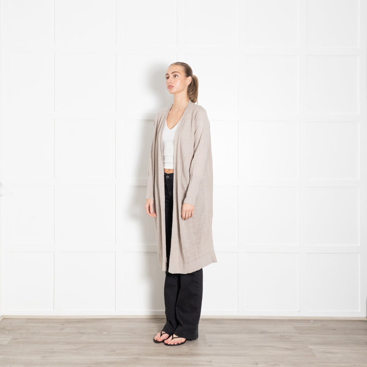 Kinross Beige Linen Fine Knit Long Cardigan