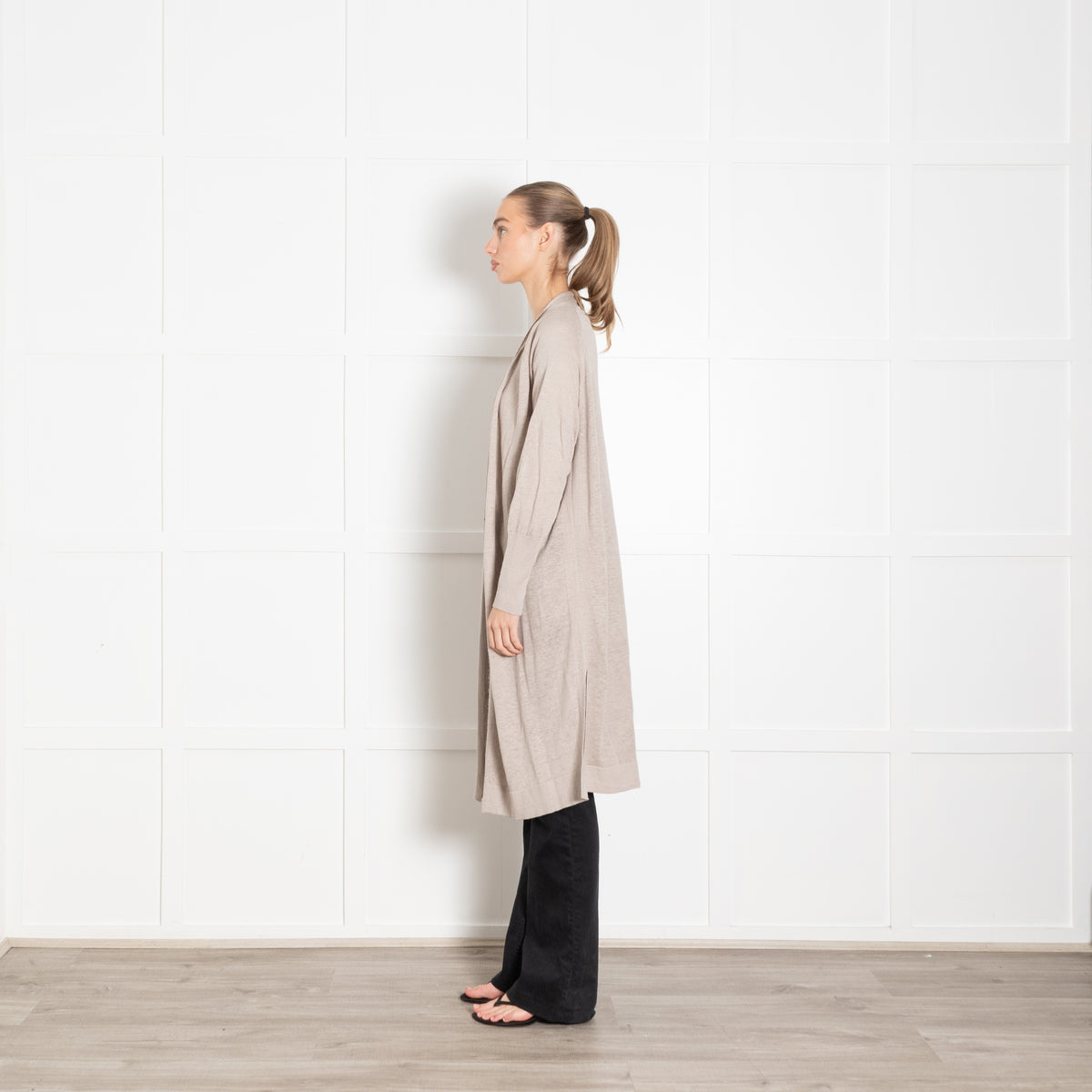Kinross Beige Linen Fine Knit Long Cardigan