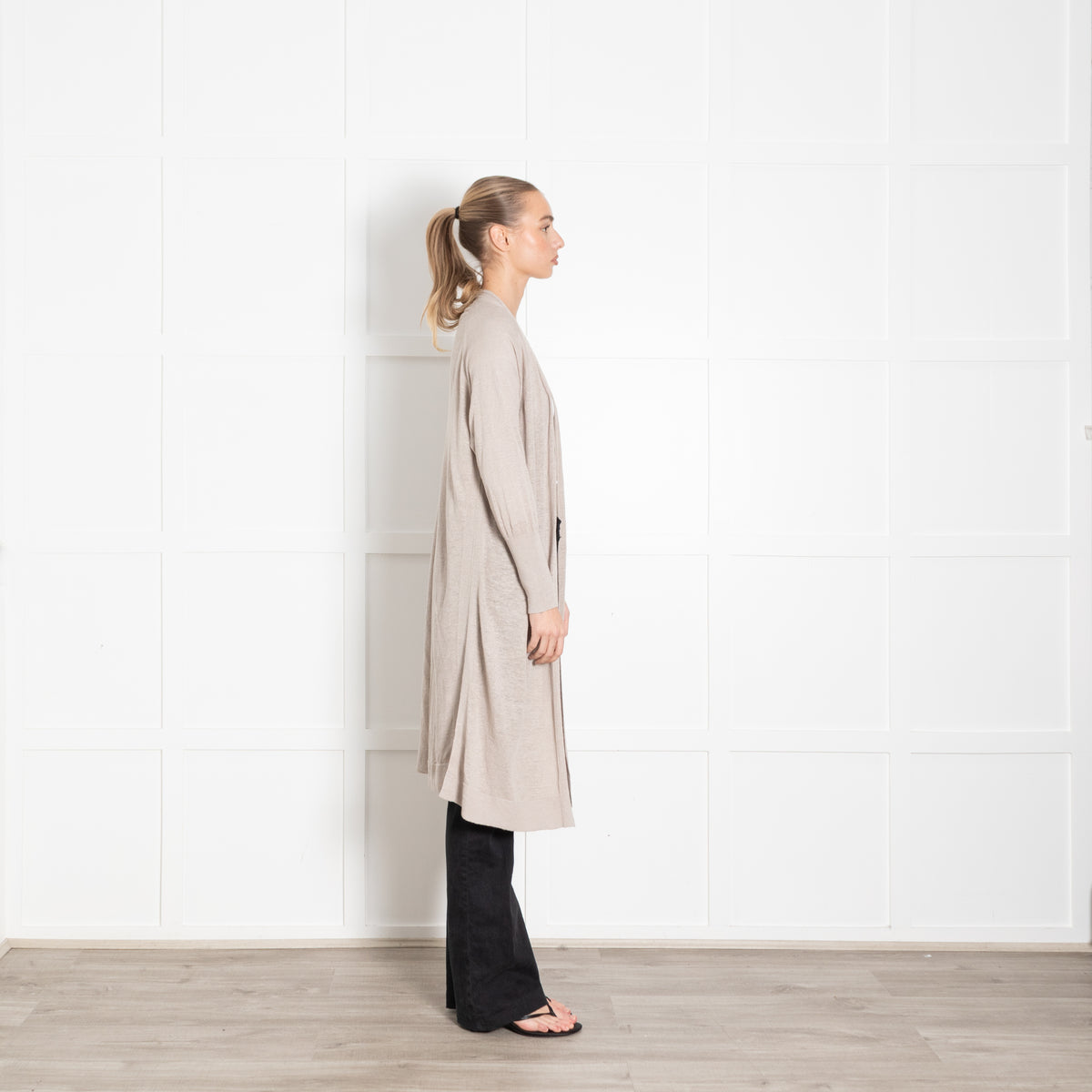 Kinross Beige Linen Fine Knit Long Cardigan