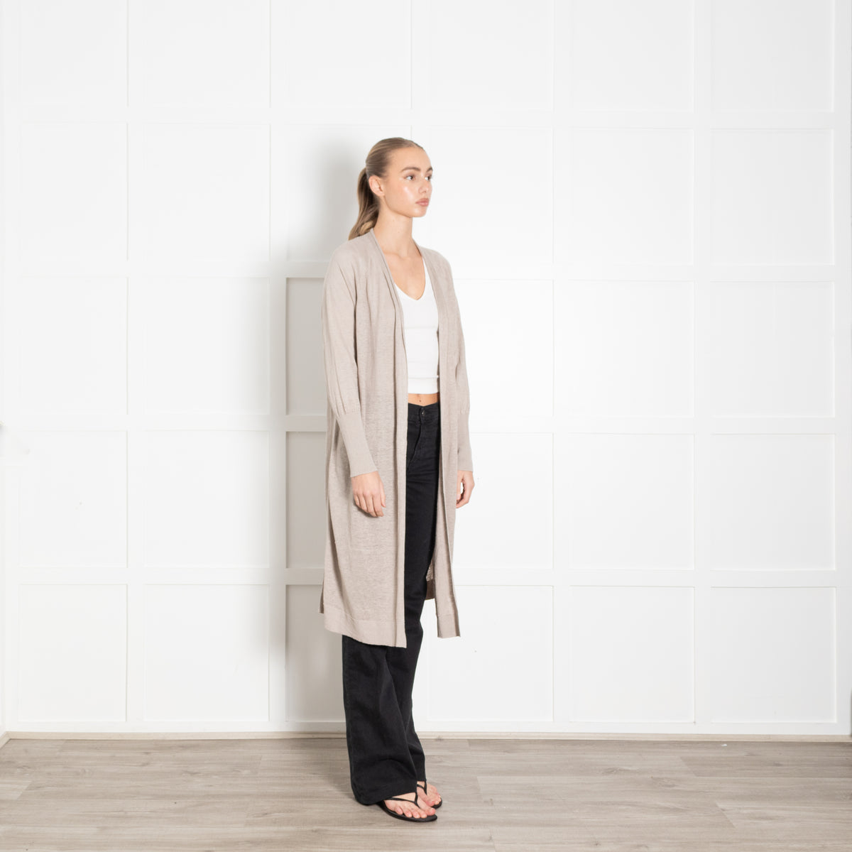 Kinross Beige Linen Fine Knit Long Cardigan