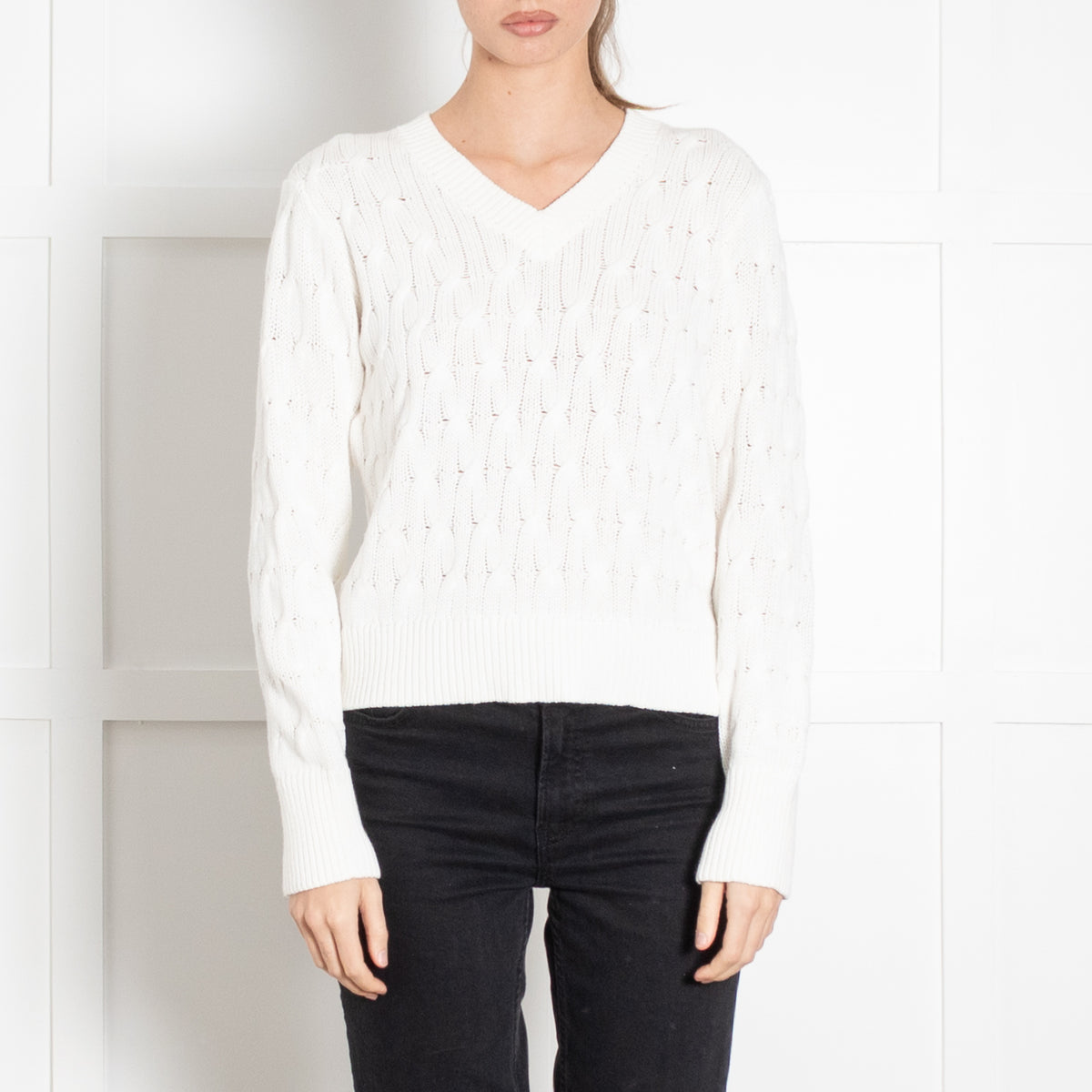 Kinross Cream Cotton Cable Knit V Neck Jumper