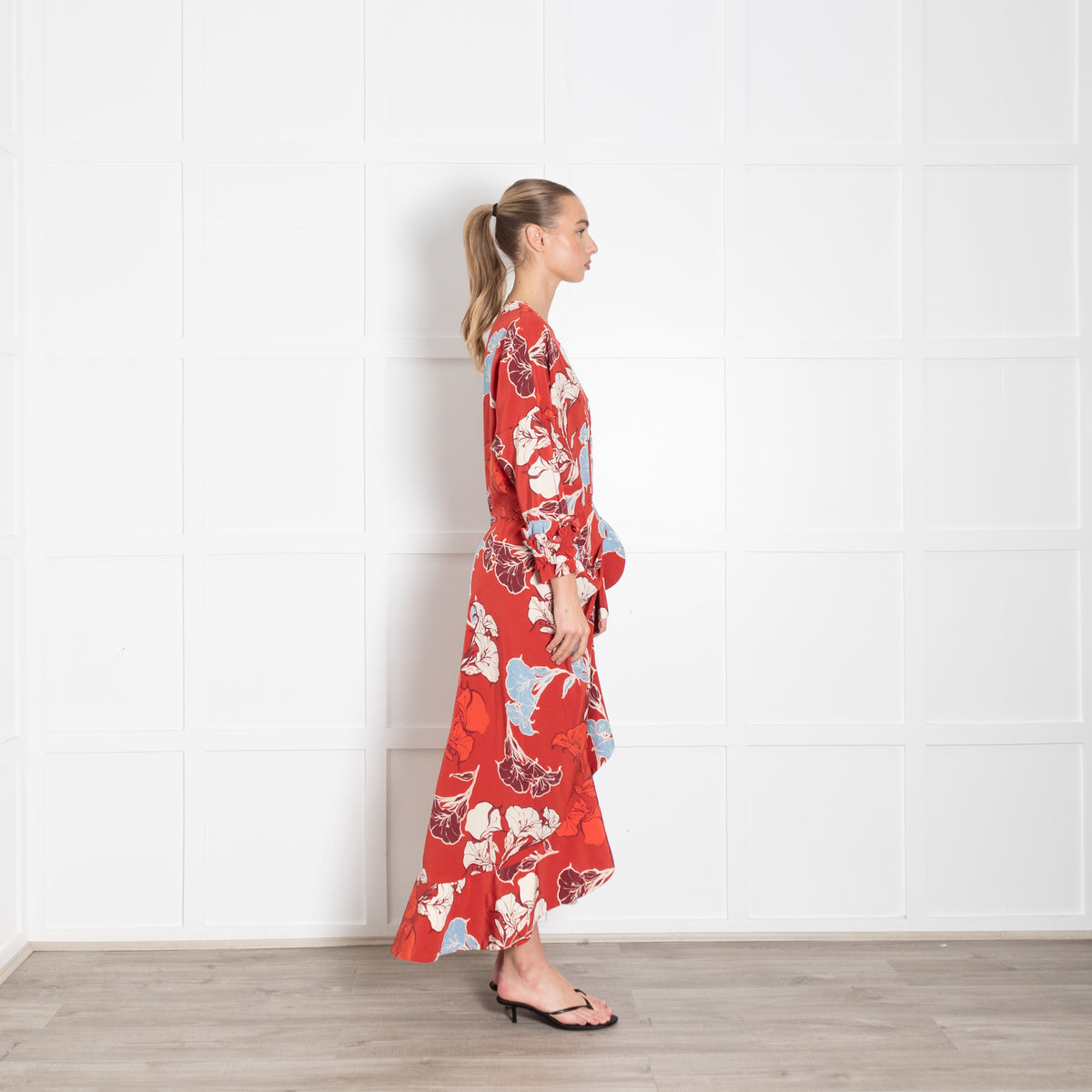 Johanna Ortiz Red Cream Blue Floral Ruffle Detail Silk Dress