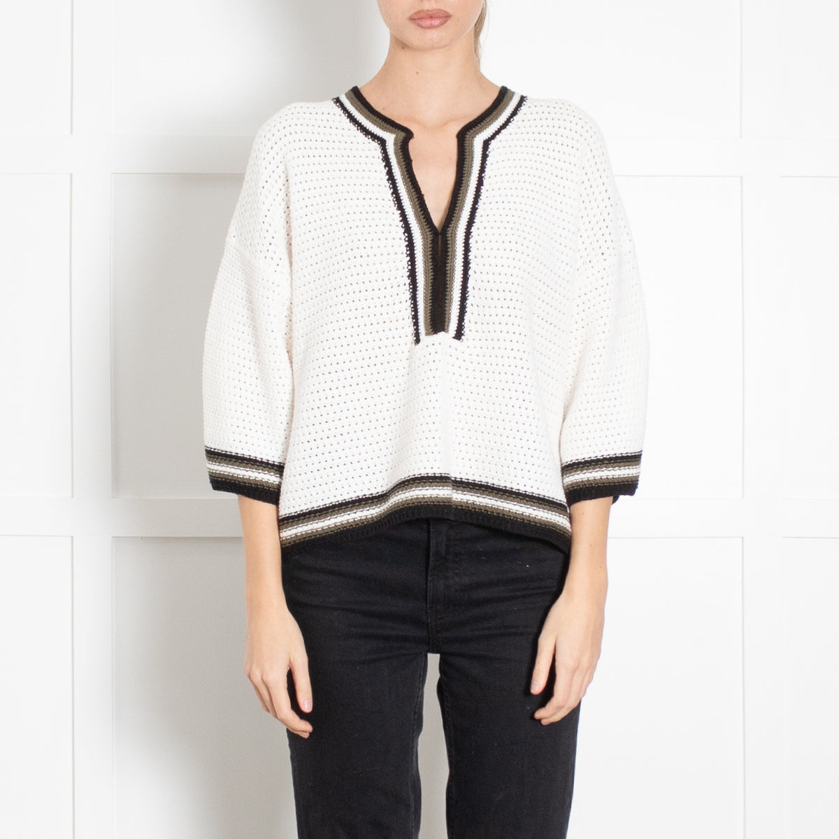 Me + Em Cream Crochet Top With Neck And Hem Stripe Detail
