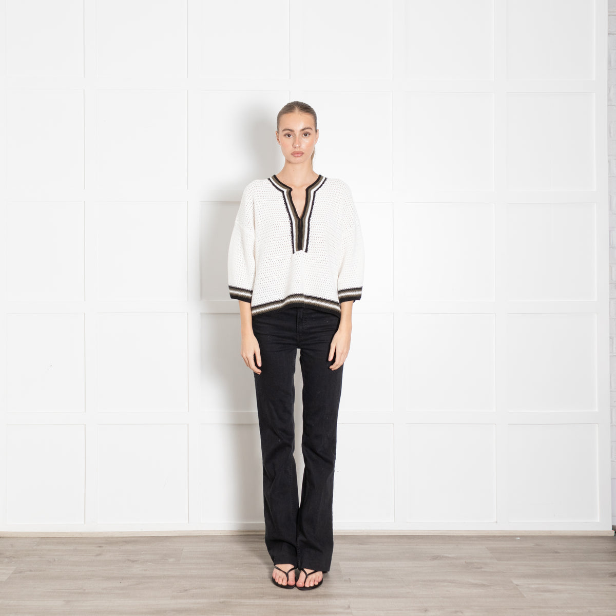 Me + Em Cream Crochet Top With Neck And Hem Stripe Detail