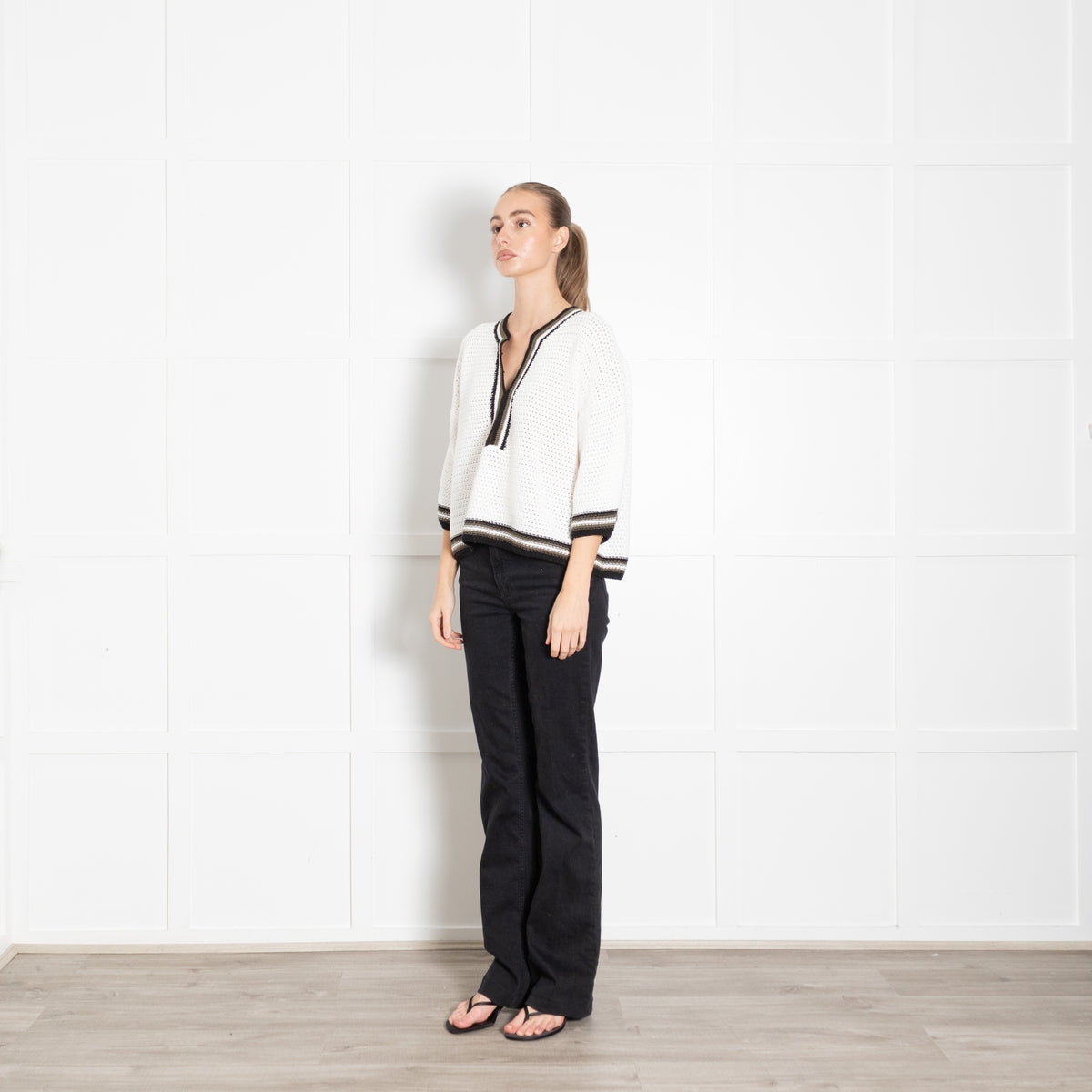 Me + Em Cream Crochet Top With Neck And Hem Stripe Detail