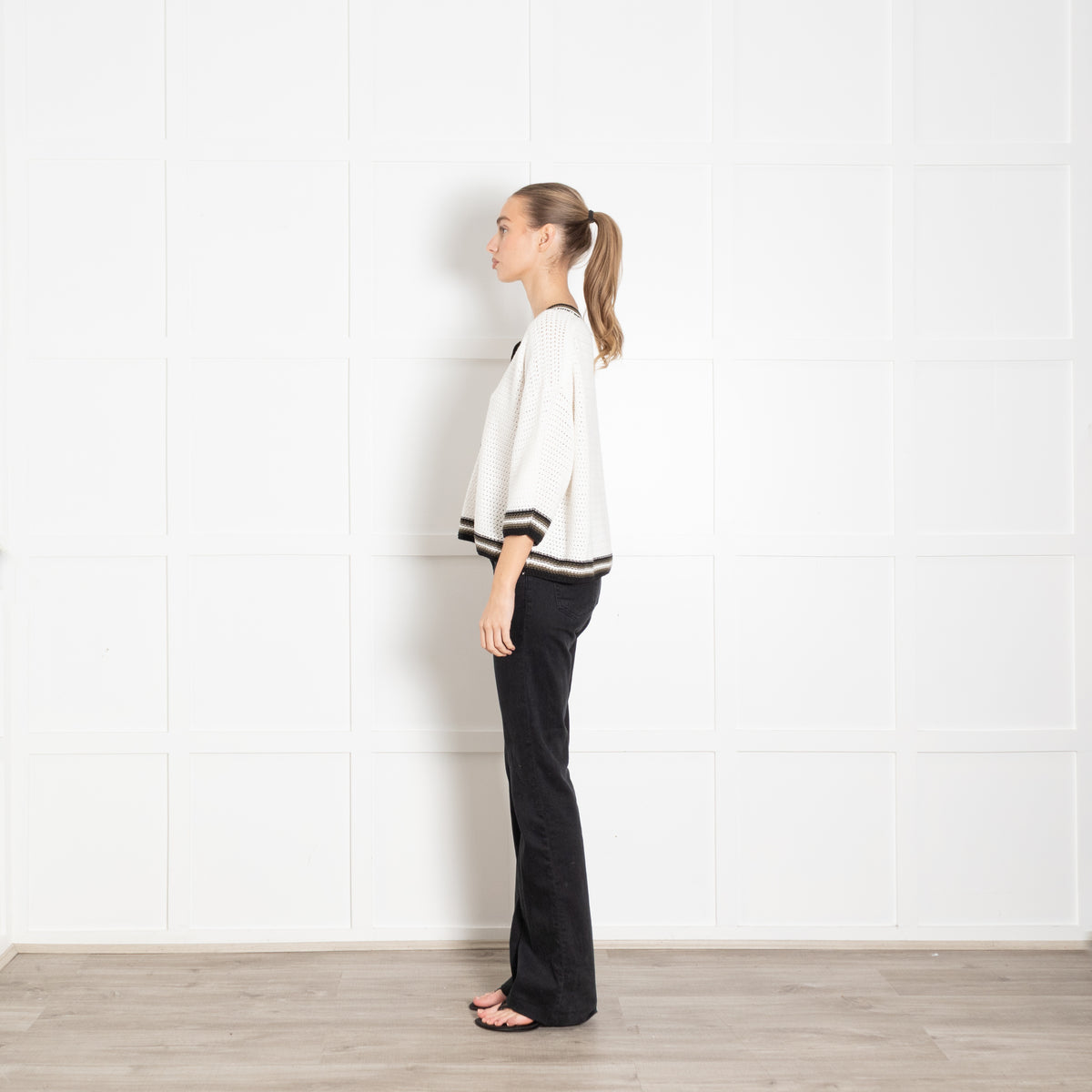 Me + Em Cream Crochet Top With Neck And Hem Stripe Detail