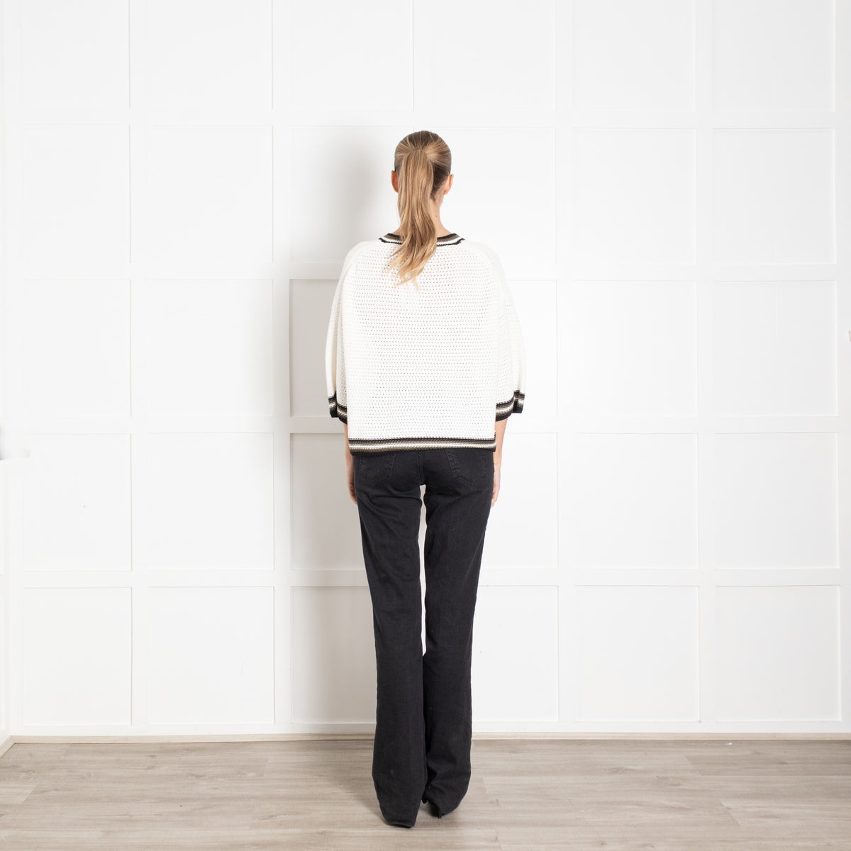 Me + Em Cream Crochet Top With Neck And Hem Stripe Detail