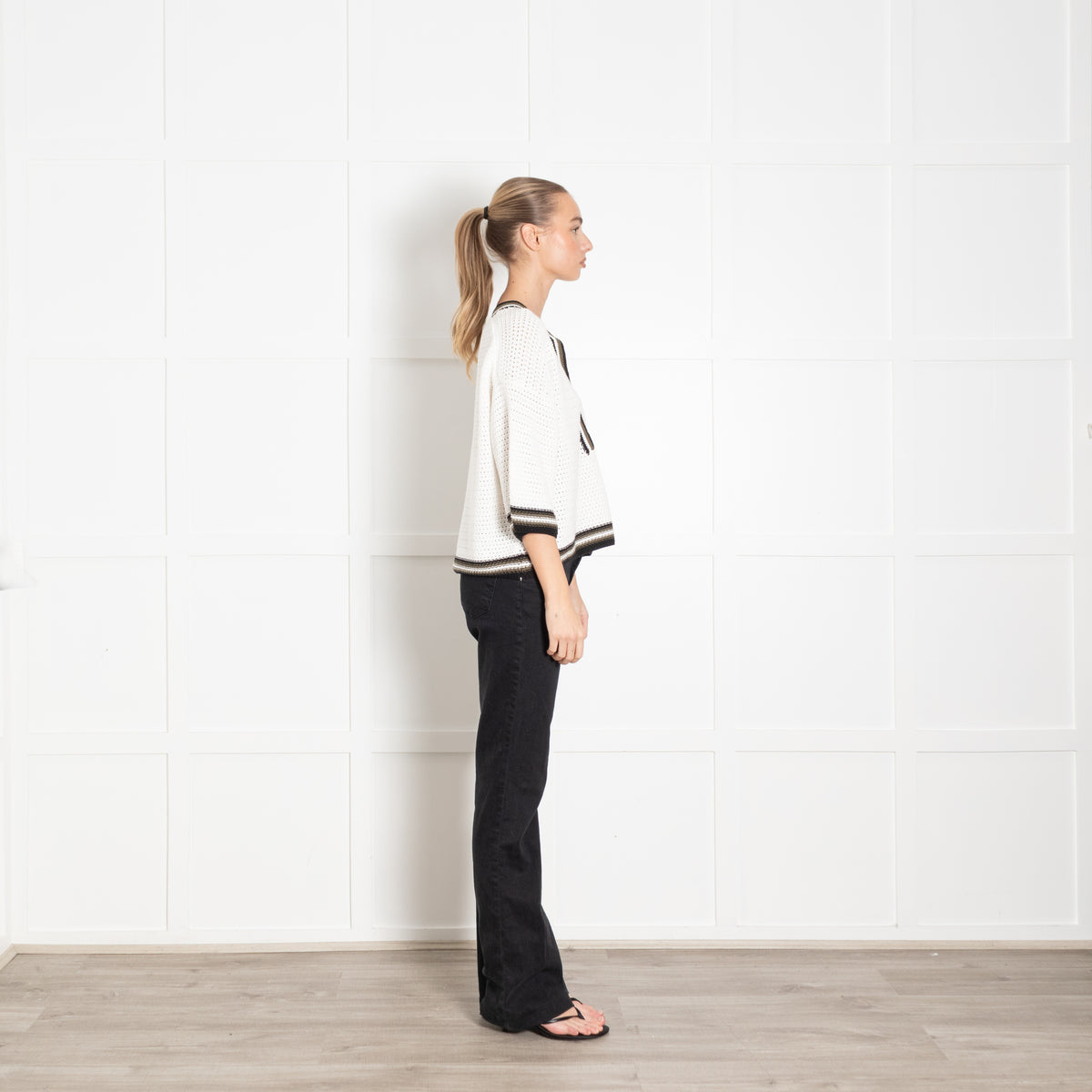 Me + Em Cream Crochet Top With Neck And Hem Stripe Detail