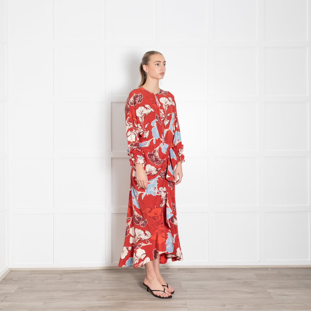 Johanna Ortiz Red Cream Blue Floral Ruffle Detail Silk Dress