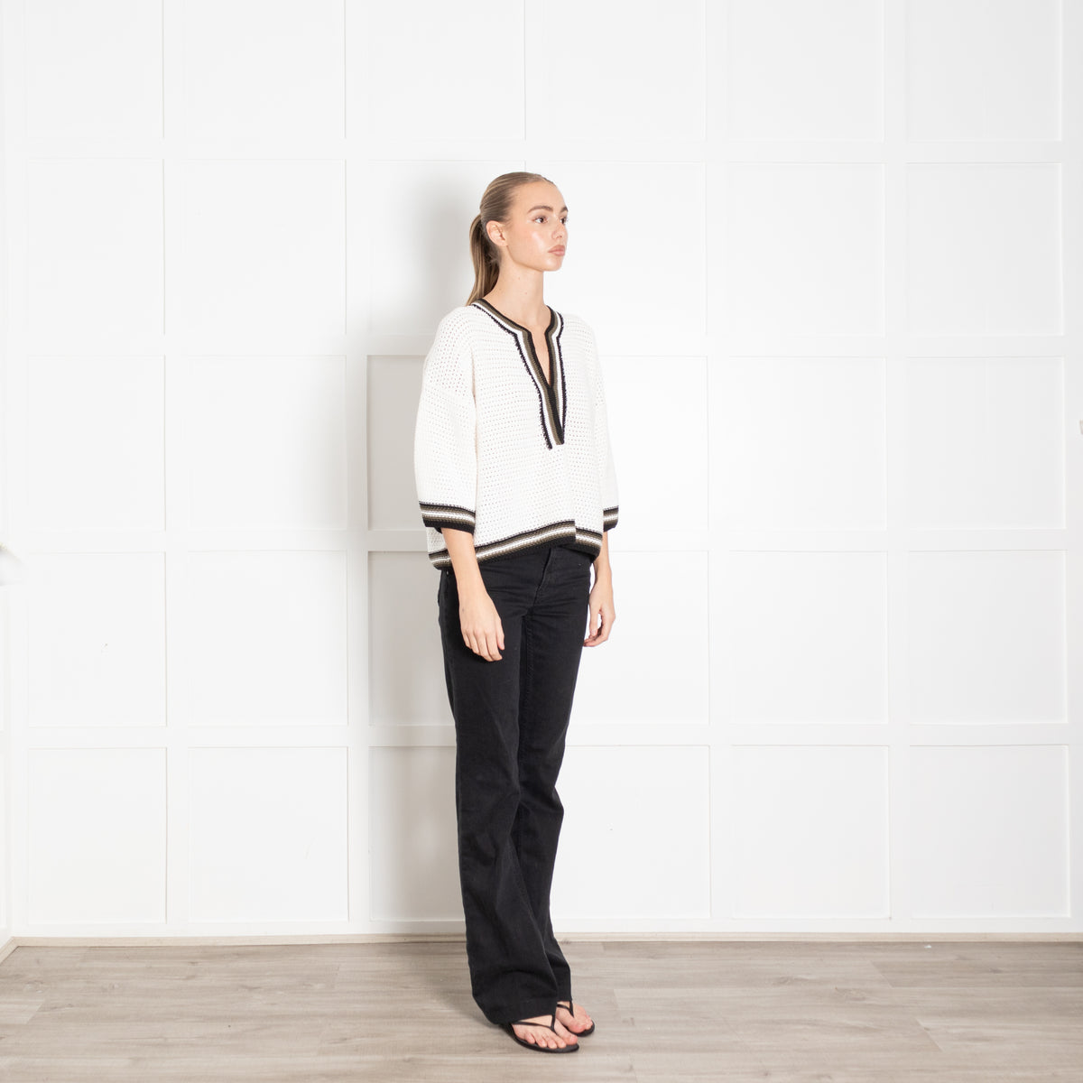 Me + Em Cream Crochet Top With Neck And Hem Stripe Detail